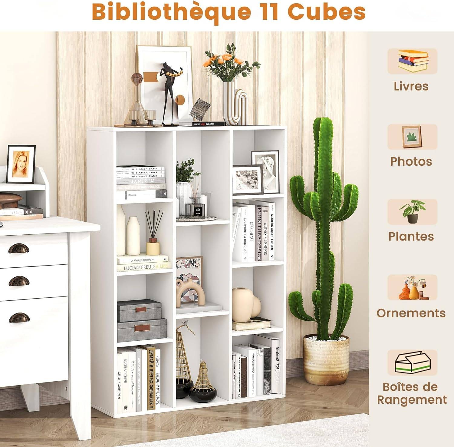 Bibliothèque à 11 Cubes, Étagère avec Compartiments Ouvertes, Meuble de Rangement pour Salon, Chambre, Bureau, 24 x 74 x 106 cm, Blanc - Image 6
