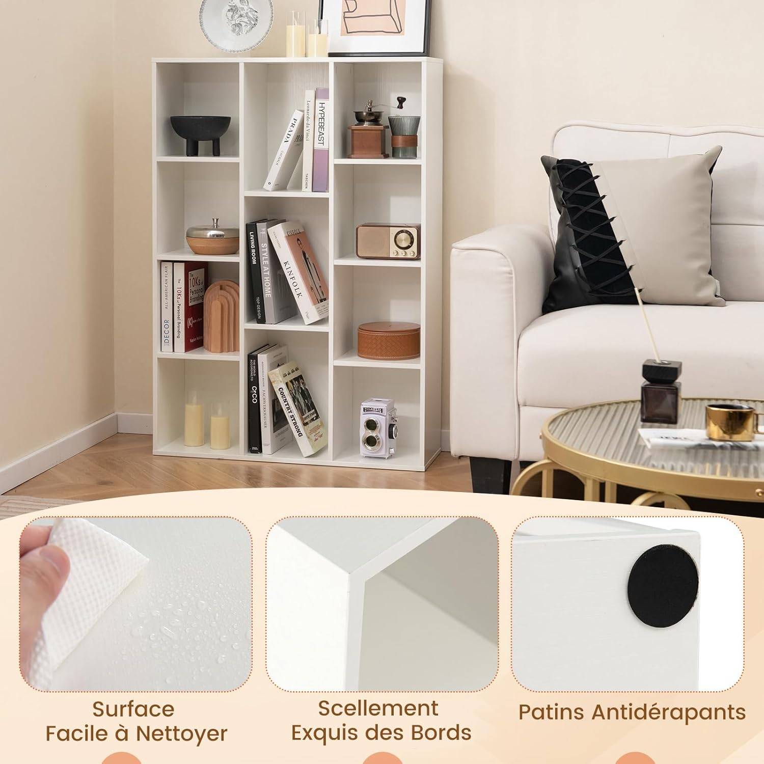 Bibliothèque à 11 Cubes, Étagère avec Compartiments Ouvertes, Meuble de Rangement pour Salon, Chambre, Bureau, 24 x 74 x 106 cm, Blanc - Image 9