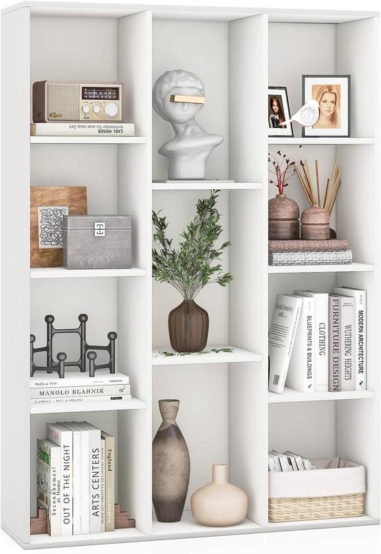 Bibliothèque à 11 Cubes, Étagère avec Compartiments Ouvertes, Meuble de Rangement pour Salon, Chambre, Bureau, 24 x 74 x 106 cm, Blanc - Image 1