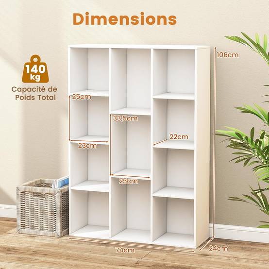 Bibliothèque à 11 Cubes, Étagère avec Compartiments Ouvertes, Meuble de Rangement pour Salon, Chambre, Bureau, 24 x 74 x 106 cm, Blanc - Image 3