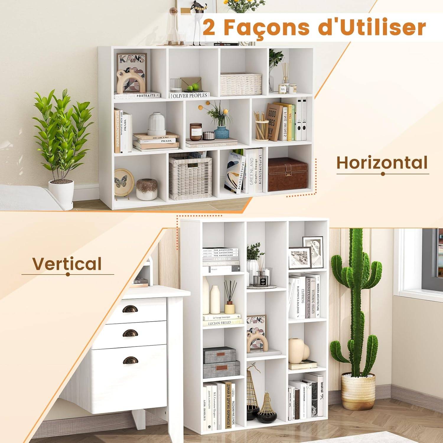 Bibliothèque à 11 Cubes, Étagère avec Compartiments Ouvertes, Meuble de Rangement pour Salon, Chambre, Bureau, 24 x 74 x 106 cm, Blanc - Image 8