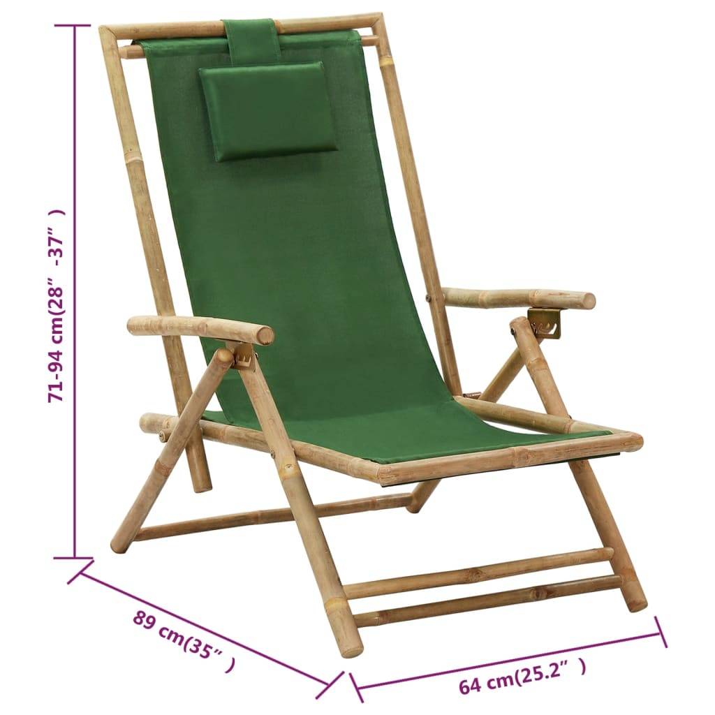 Chaise de jardin | Chaise de relaxation inclinable Vert Bambou et tissu - Image 8
