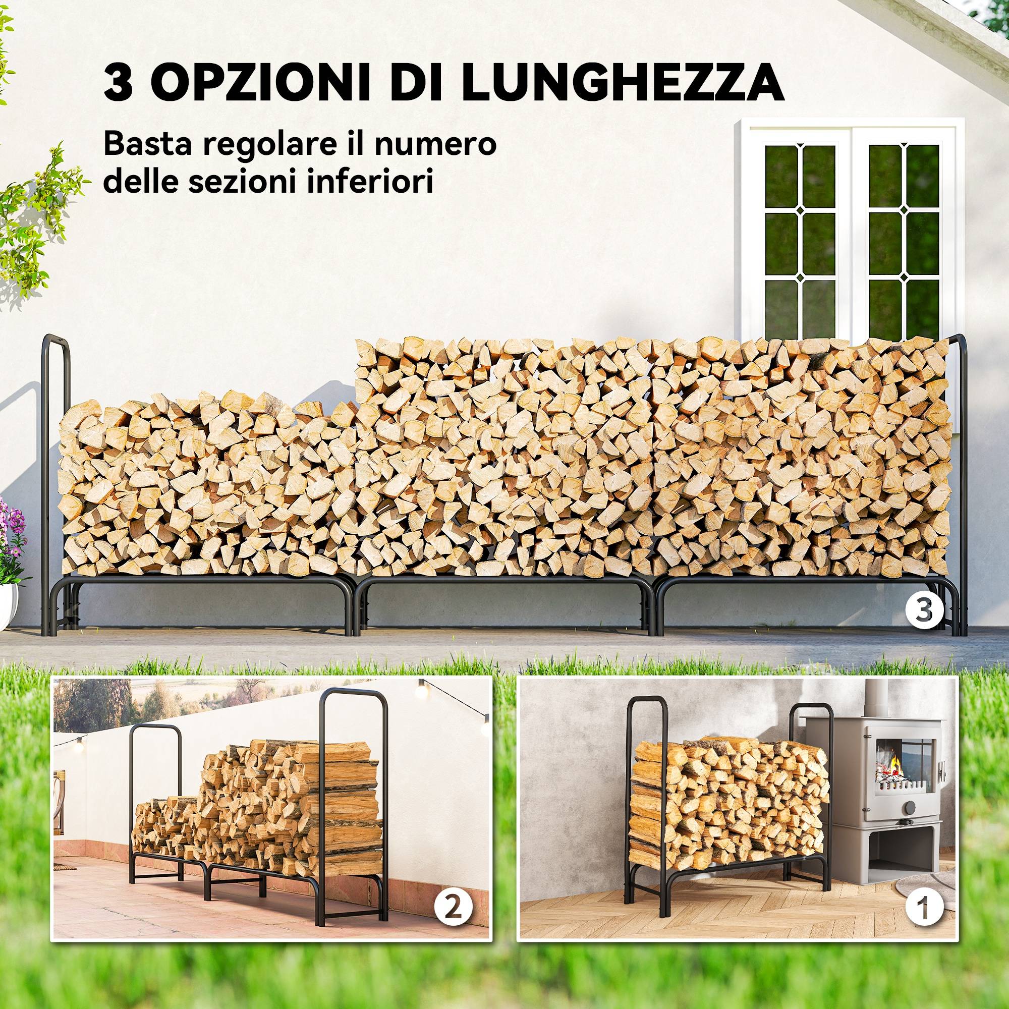 ComfortXL - Porte-bûches extérieur modulable en métal noir et vert foncé 300 x 36 x 99 cm avec bâche PE imperméable 1 m³ - Image 7