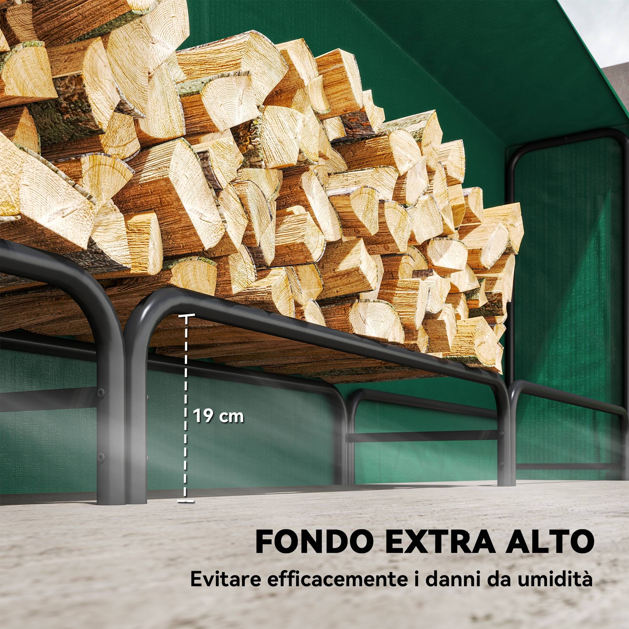 ComfortXL - Porte-bûches extérieur modulable en métal noir et vert foncé 300 x 36 x 99 cm avec bâche PE imperméable 1 m³ - Image 5