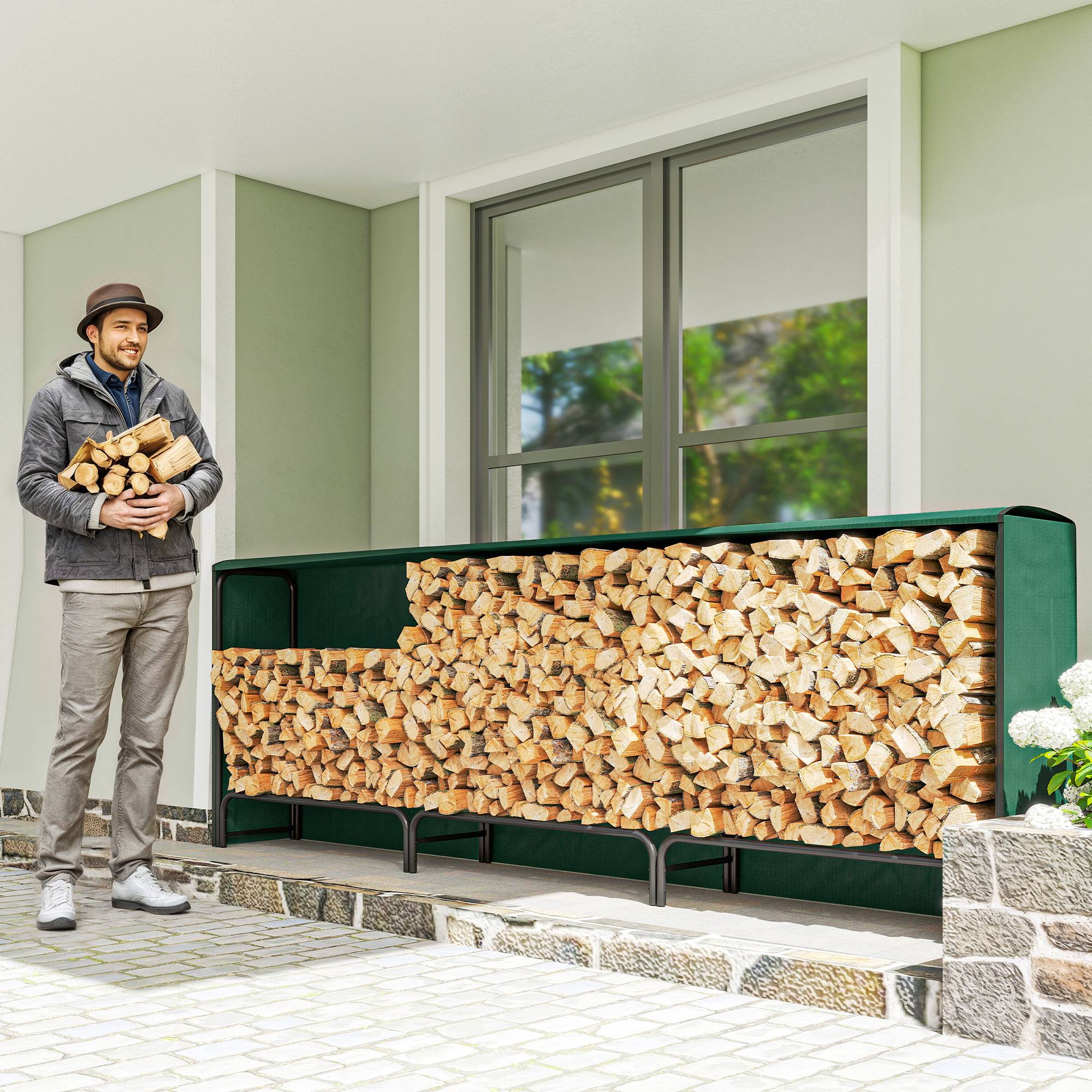 ComfortXL - Porte-bûches extérieur modulable en métal noir et vert foncé 300 x 36 x 99 cm avec bâche PE imperméable 1 m³ - Image 1