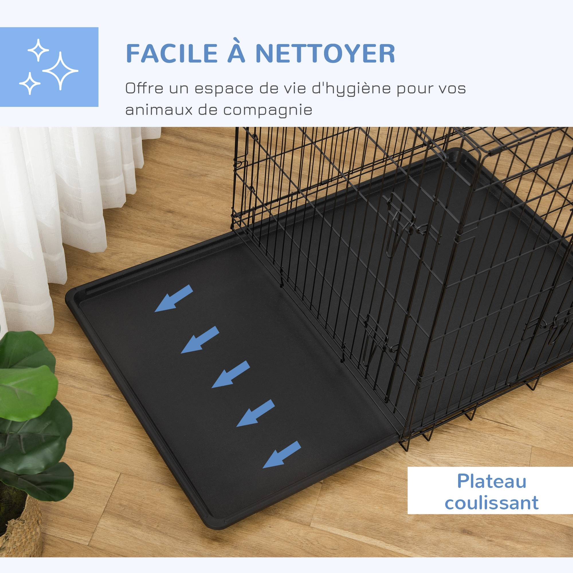 Cage pour chien acier intérieur transport pliable 2 portes plateau amovible 92cm noir - ComfortXL Outdoor Living - Image 8