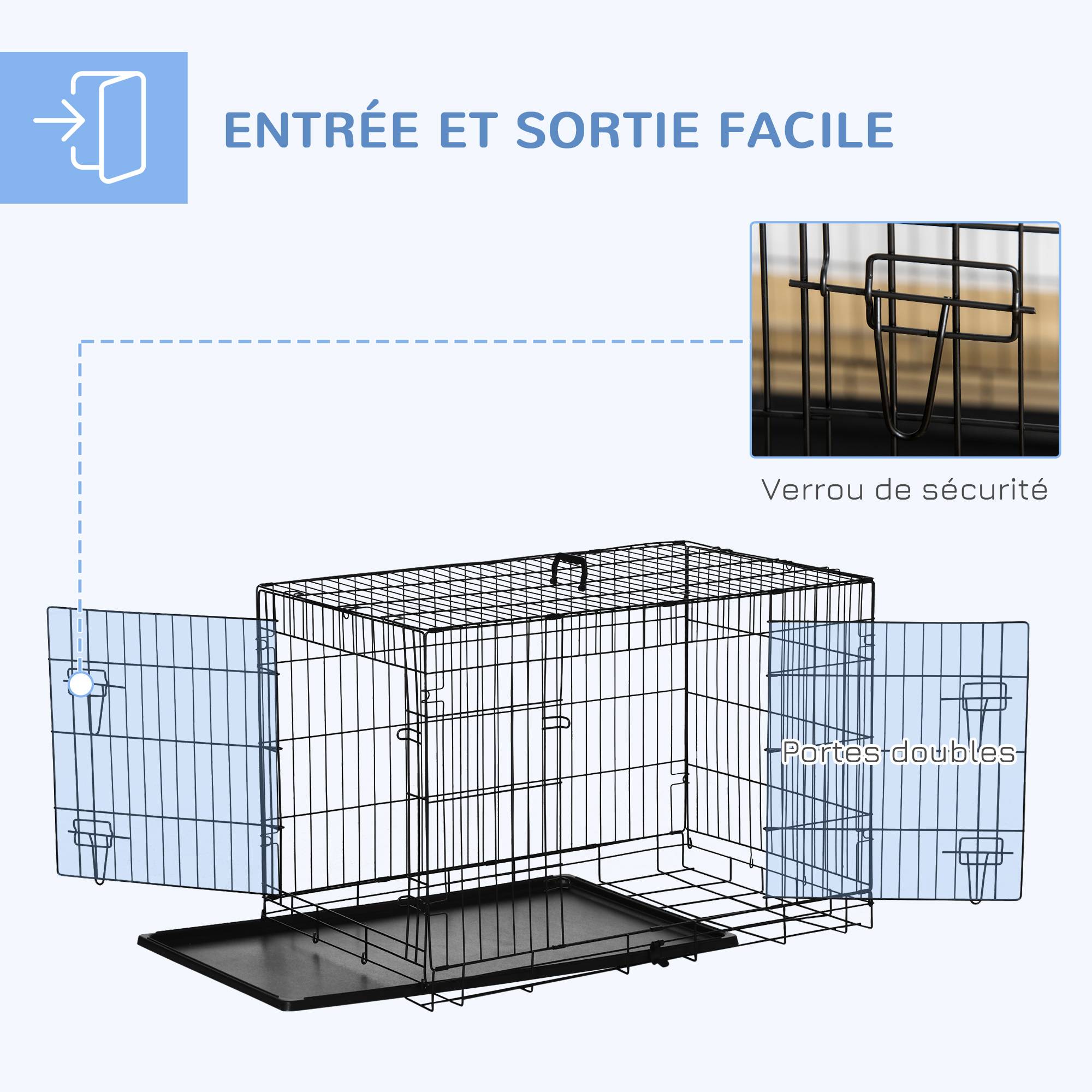 Cage pour chien acier intérieur transport pliable 2 portes plateau amovible 92cm noir - ComfortXL Outdoor Living - Image 6