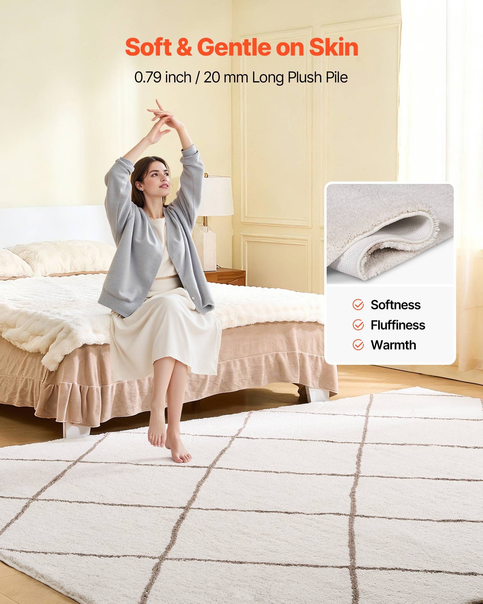 VEVOR Tapis Salon Chambre Poil Long Peluche Envers Antidérapant 2,44x3,05m Beige - Image 4