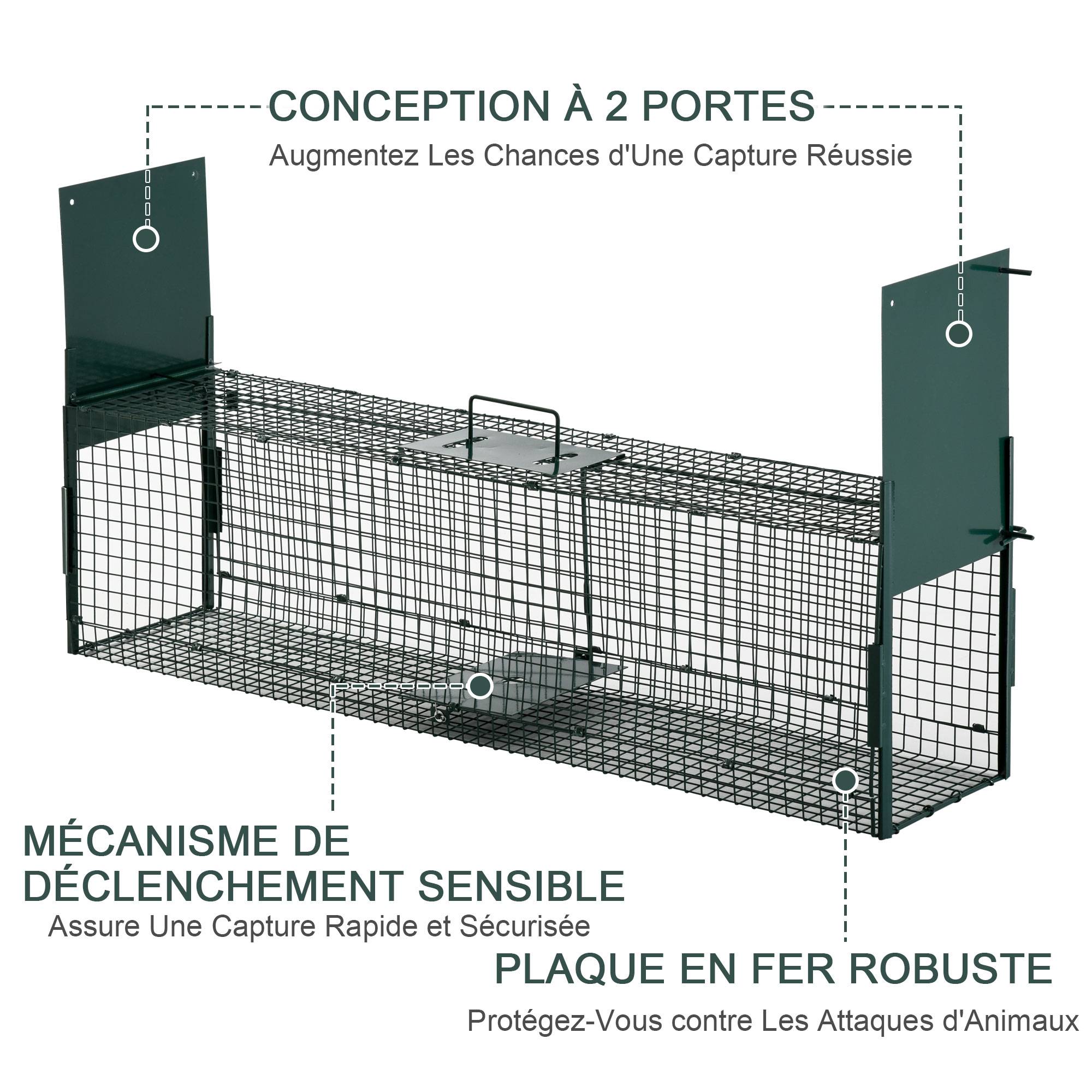 Piège Vivant Cage Attrape 100 x 25 x 28 cm Piège Fouine pour Martres, Rats, Souris - 2 entrées + poignée - métal vert - Image 5