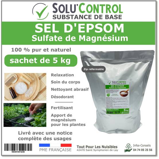 SOLU'CONTROL - Sel d'Epsom 5 kg - Sulfate de Magnésium 100% Pur et Naturel - Soin du Corps, Fertilisant et Apport en Magnésium pour plantes - Image 1
