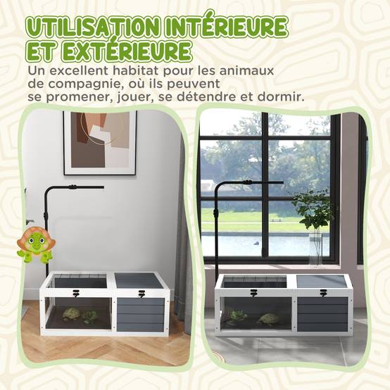 Maison enclos cage pour petit animal tortue avec 2 espaces support de lampe réglable 81 x 48 x 31,5 cm gris - Image 10