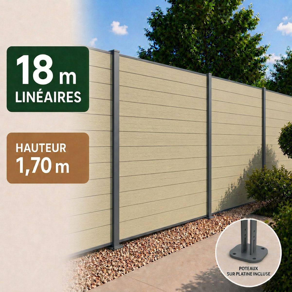Direct Abris - Kit clôture RECIFE Bois Composite sable 18,07m poteau 60x70mm gris sur platines 1,7m