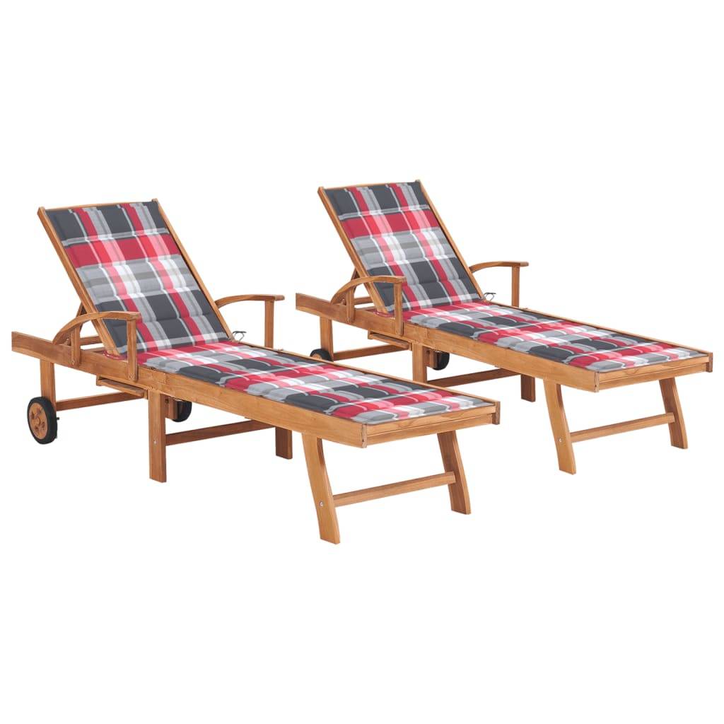 Helloshop26 - Lot de 2 transats chaise longue bain de soleil lit de jardin terrasse meuble d'extérieur avec coussin carreaux rouge teck solide - Imagen 1