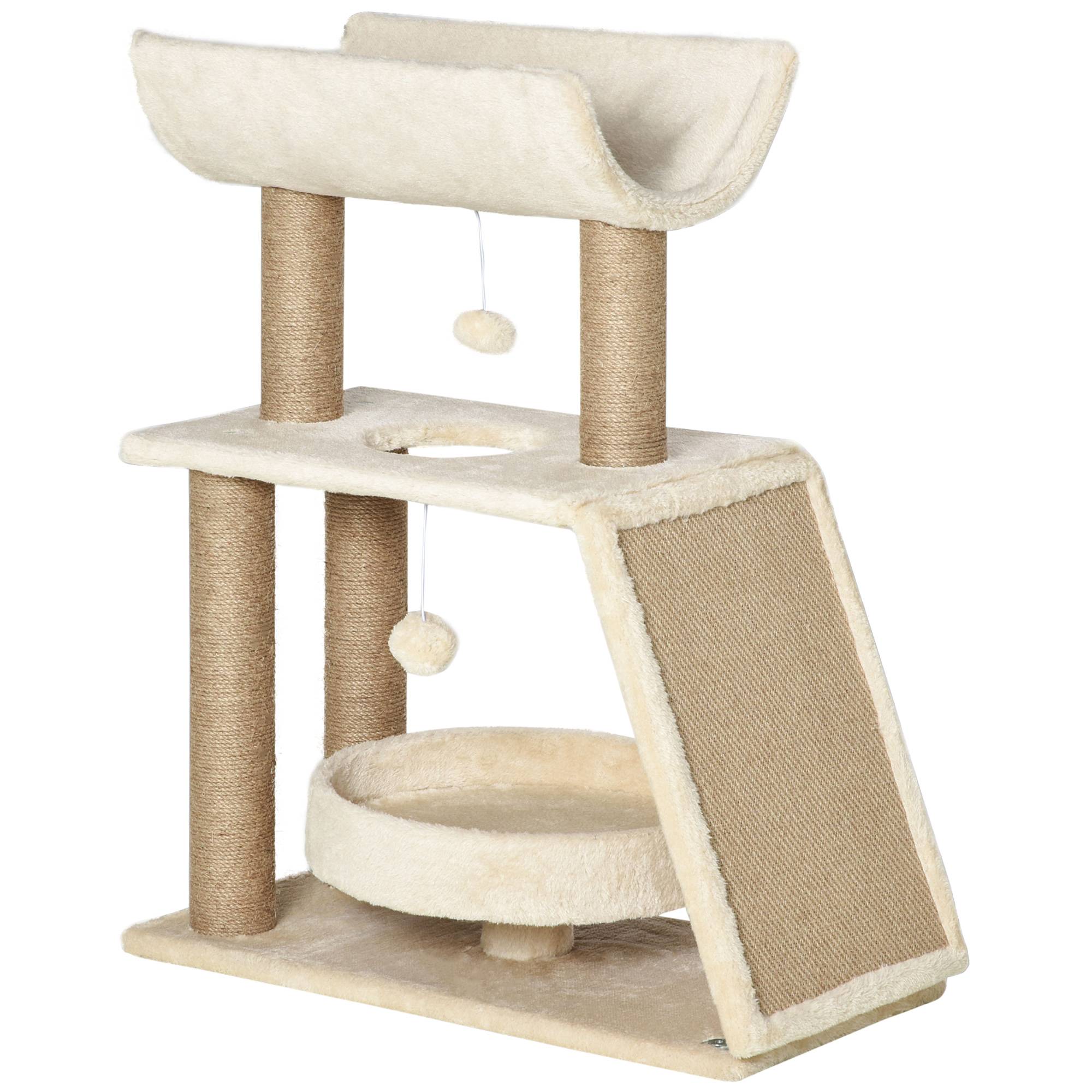 Pawhut - Arbre à chat griffoirs grattoir jeu boules suspendues plateformes ronde, rectangulaire et demi-cylindrique peluche jute naturelle beige - Imagen 1