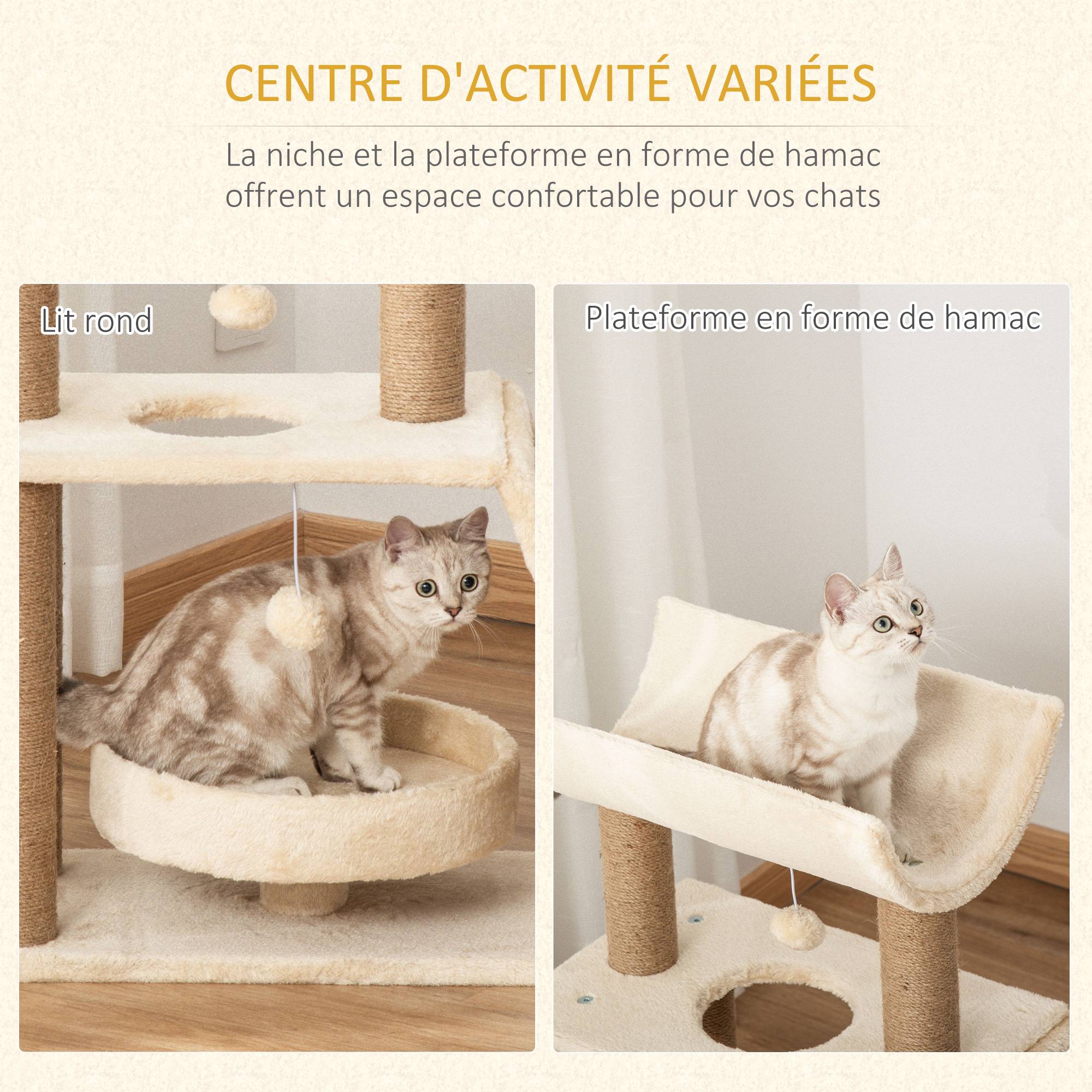 Pawhut - Arbre à chat griffoirs grattoir jeu boules suspendues plateformes ronde, rectangulaire et demi-cylindrique peluche jute naturelle beige - Imagen 5