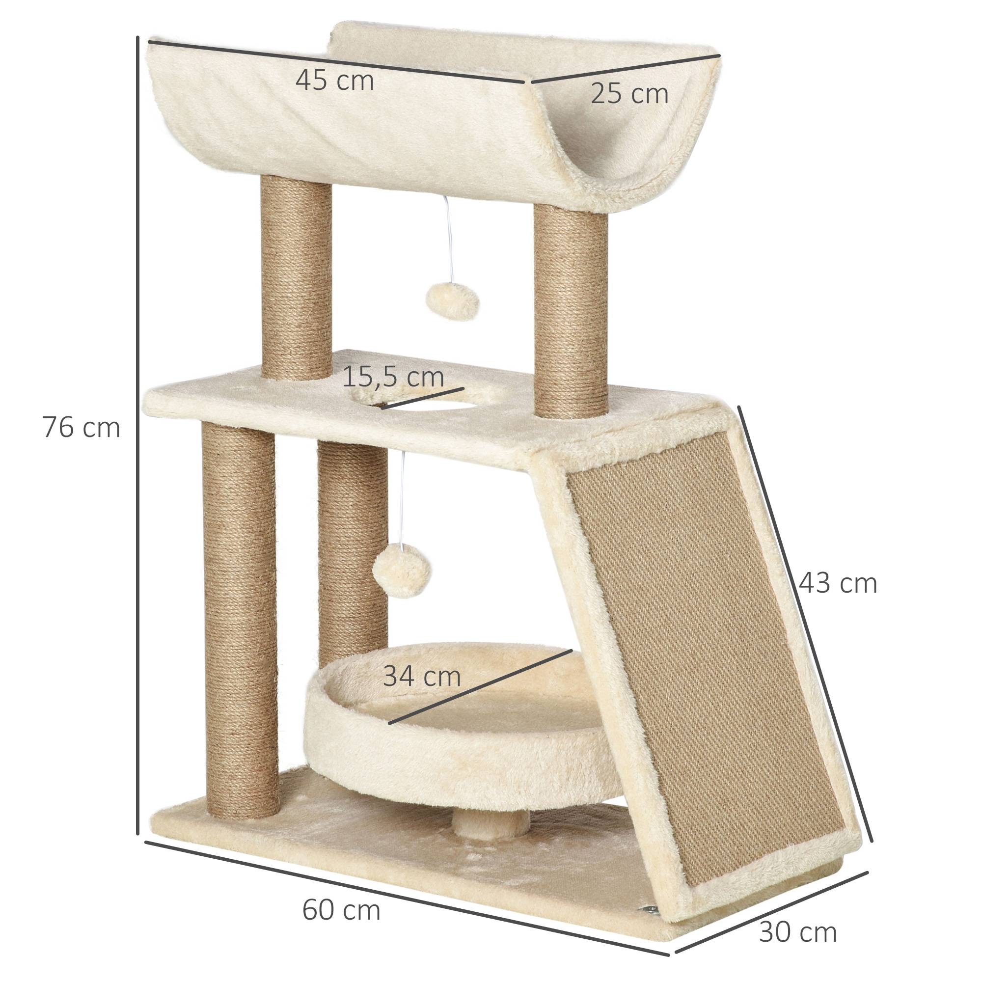 Pawhut - Arbre à chat griffoirs grattoir jeu boules suspendues plateformes ronde, rectangulaire et demi-cylindrique peluche jute naturelle beige - Imagen 3