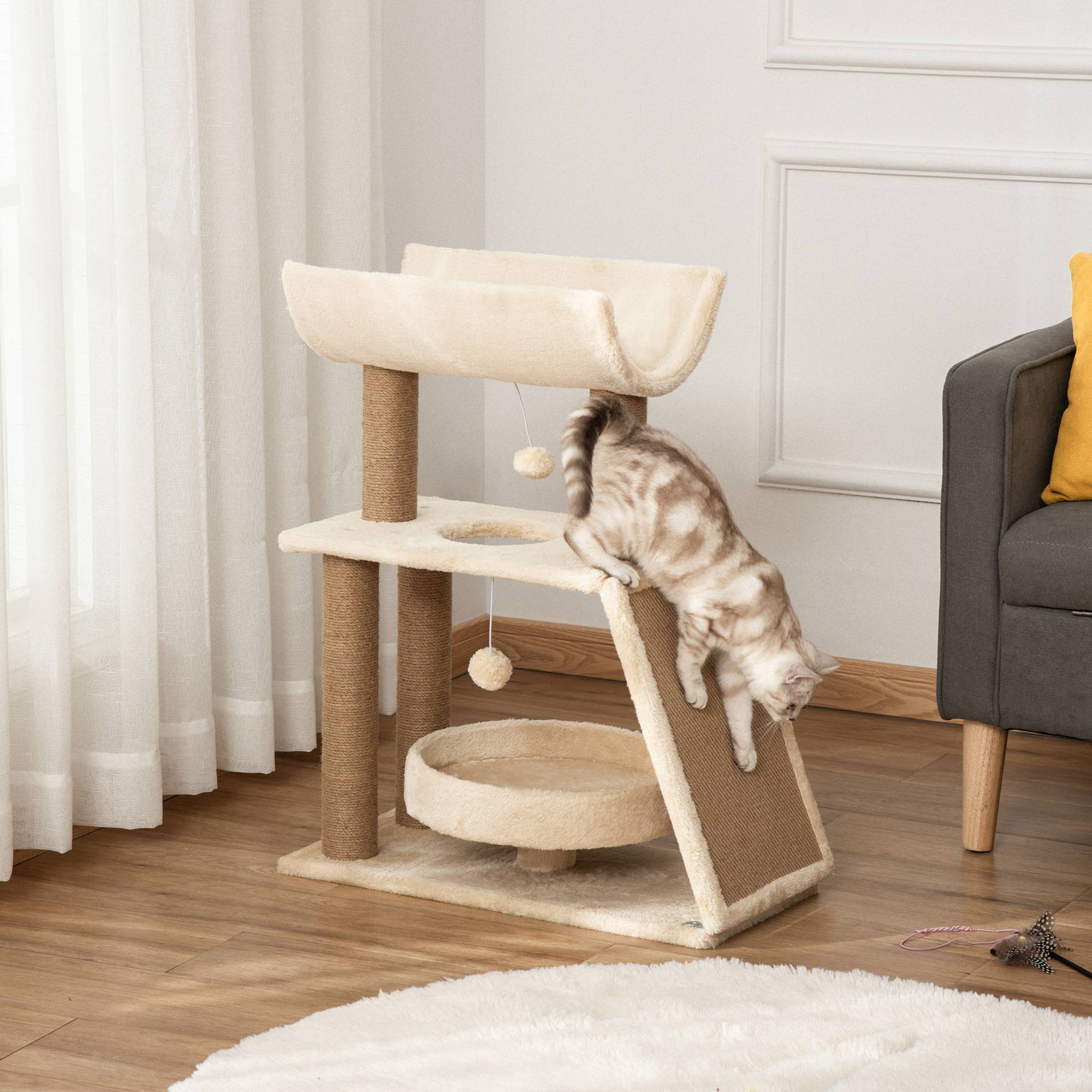 Pawhut - Arbre à chat griffoirs grattoir jeu boules suspendues plateformes ronde, rectangulaire et demi-cylindrique peluche jute naturelle beige - Imagen 2
