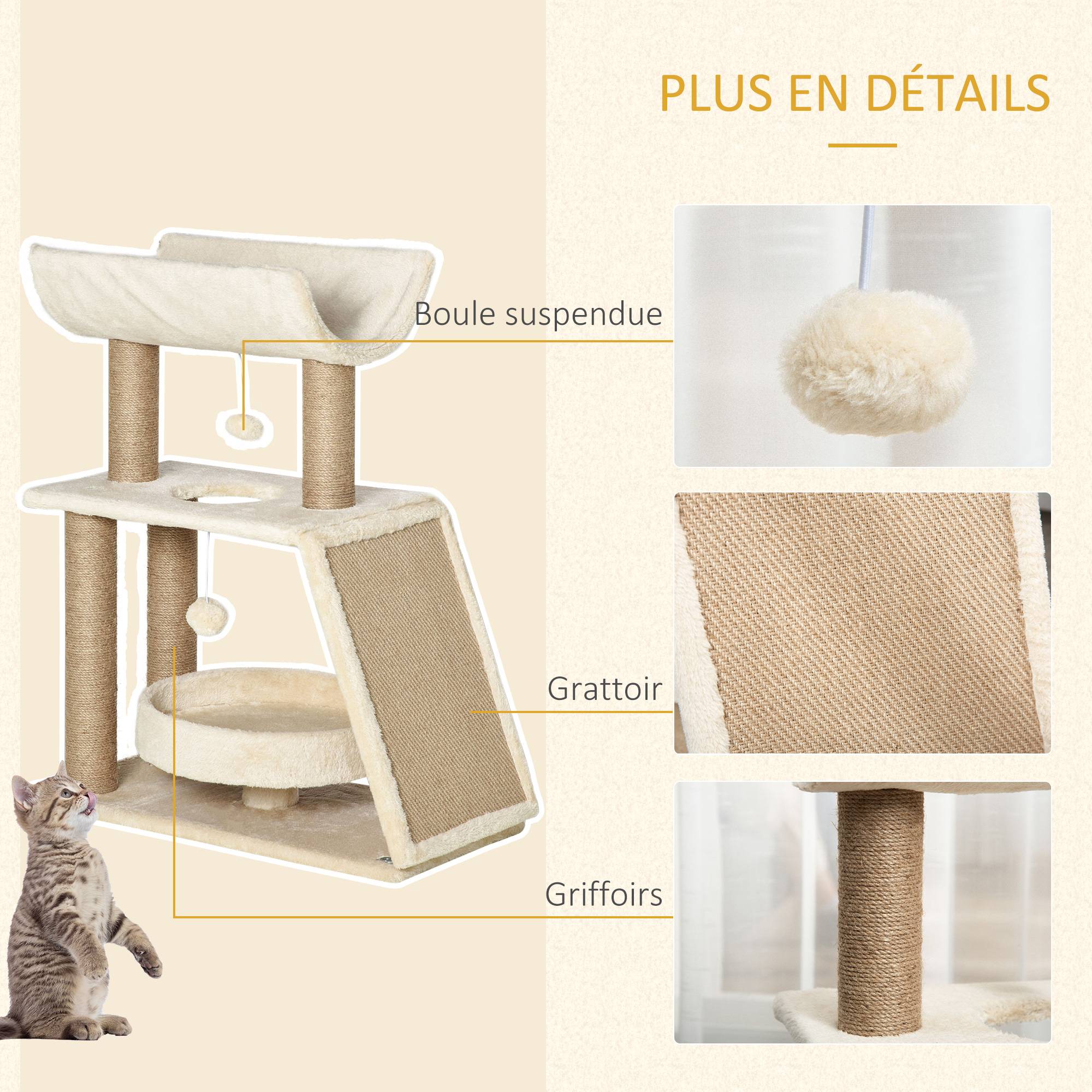 Pawhut - Arbre à chat griffoirs grattoir jeu boules suspendues plateformes ronde, rectangulaire et demi-cylindrique peluche jute naturelle beige - Imagen 6