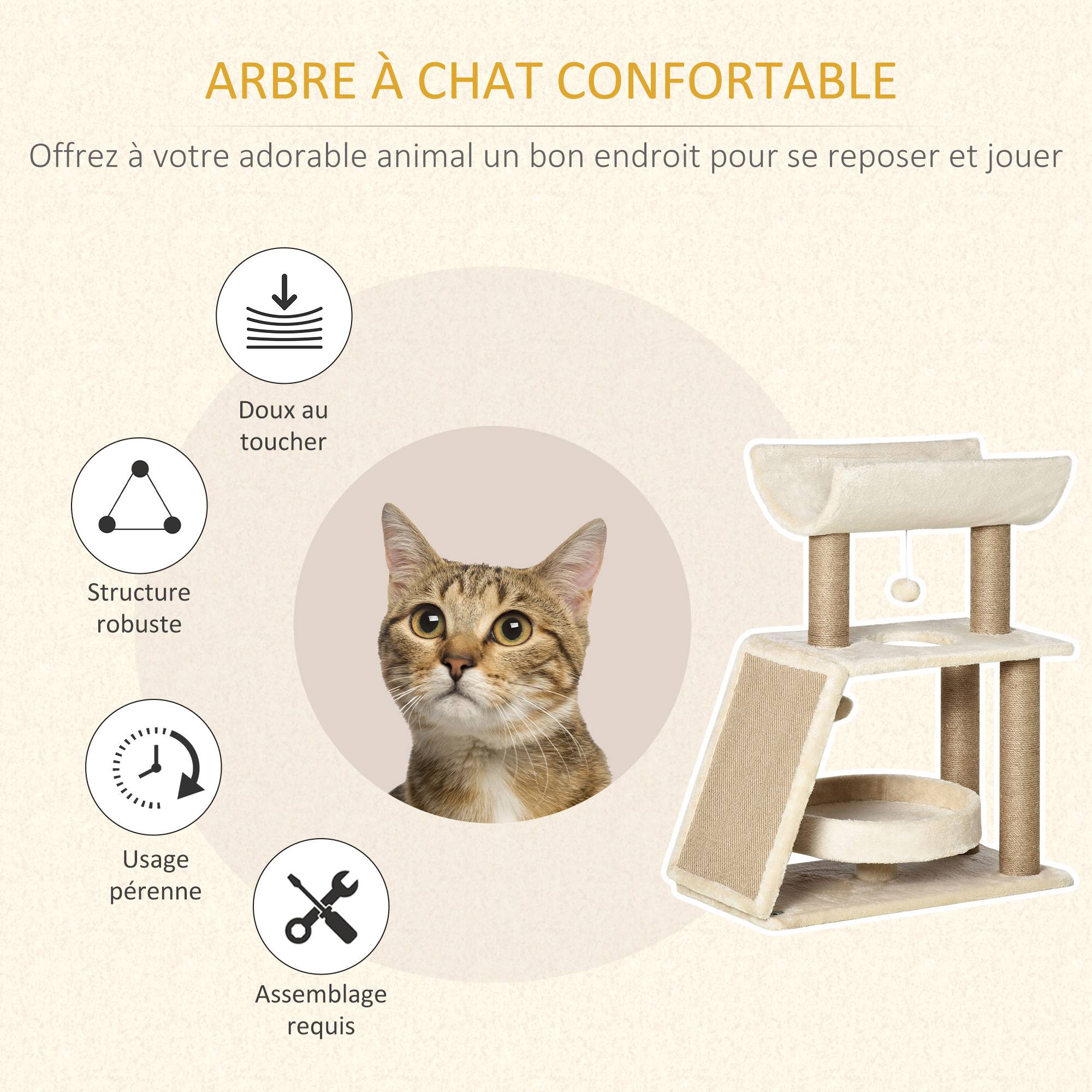 Pawhut - Arbre à chat griffoirs grattoir jeu boules suspendues plateformes ronde, rectangulaire et demi-cylindrique peluche jute naturelle beige - Imagen 4