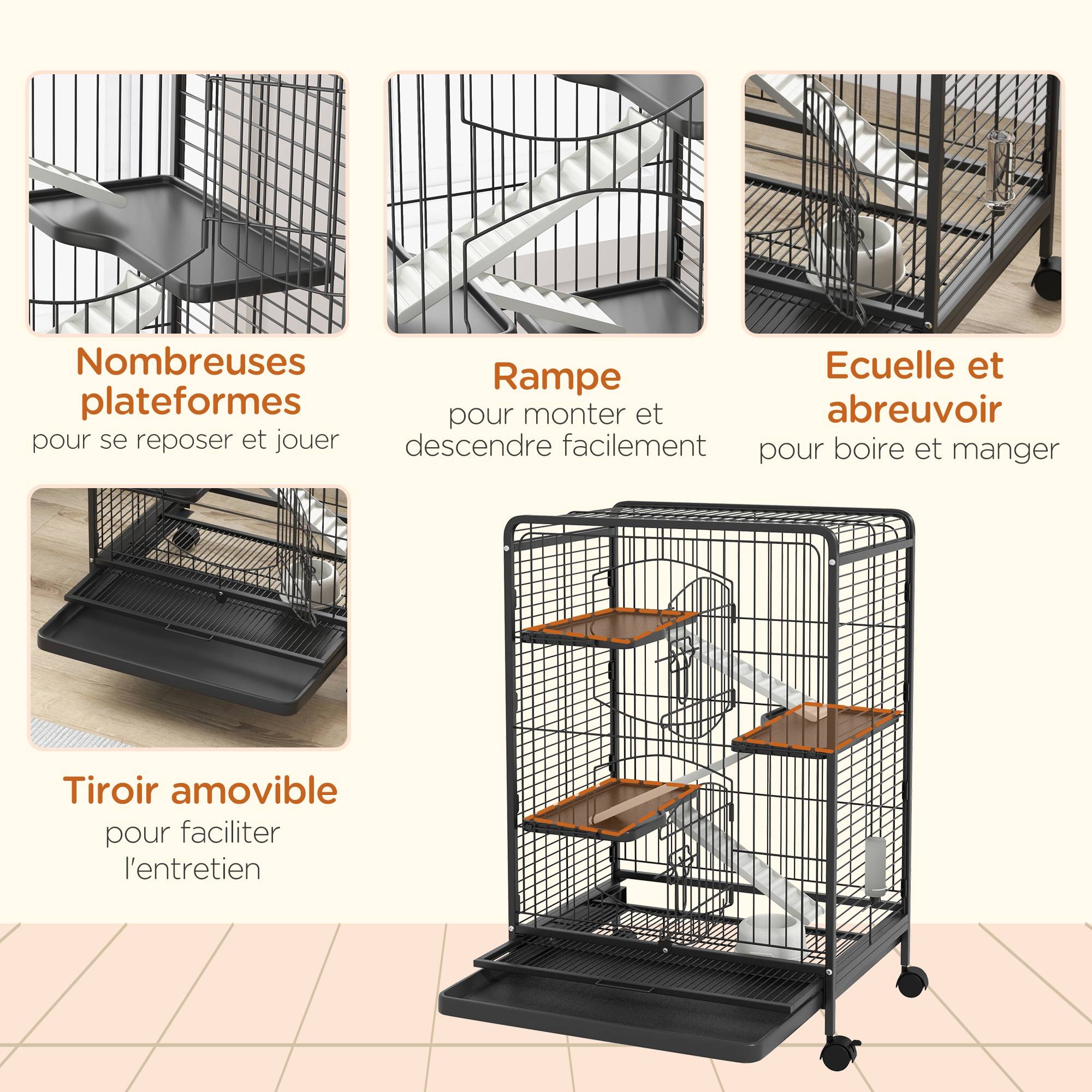 Cage pour rongeurs acier noir 61.5 x 44 x 95 cm - PANGIVO - Image 8