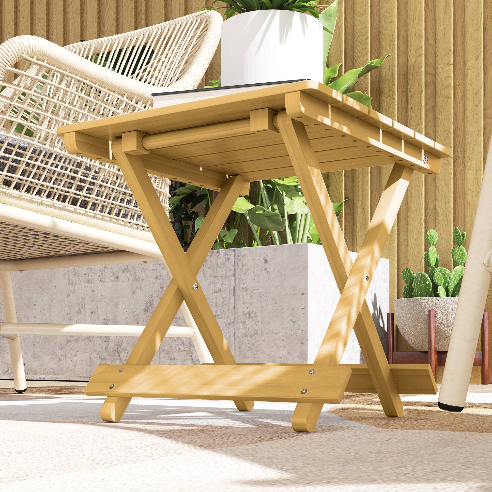 Outsunny - Table basse pliante d'appoint légère dessus à lattes pour balcon jardin terrasse 40x43x40 cm bois massif naturel - Outsunny - Image 5