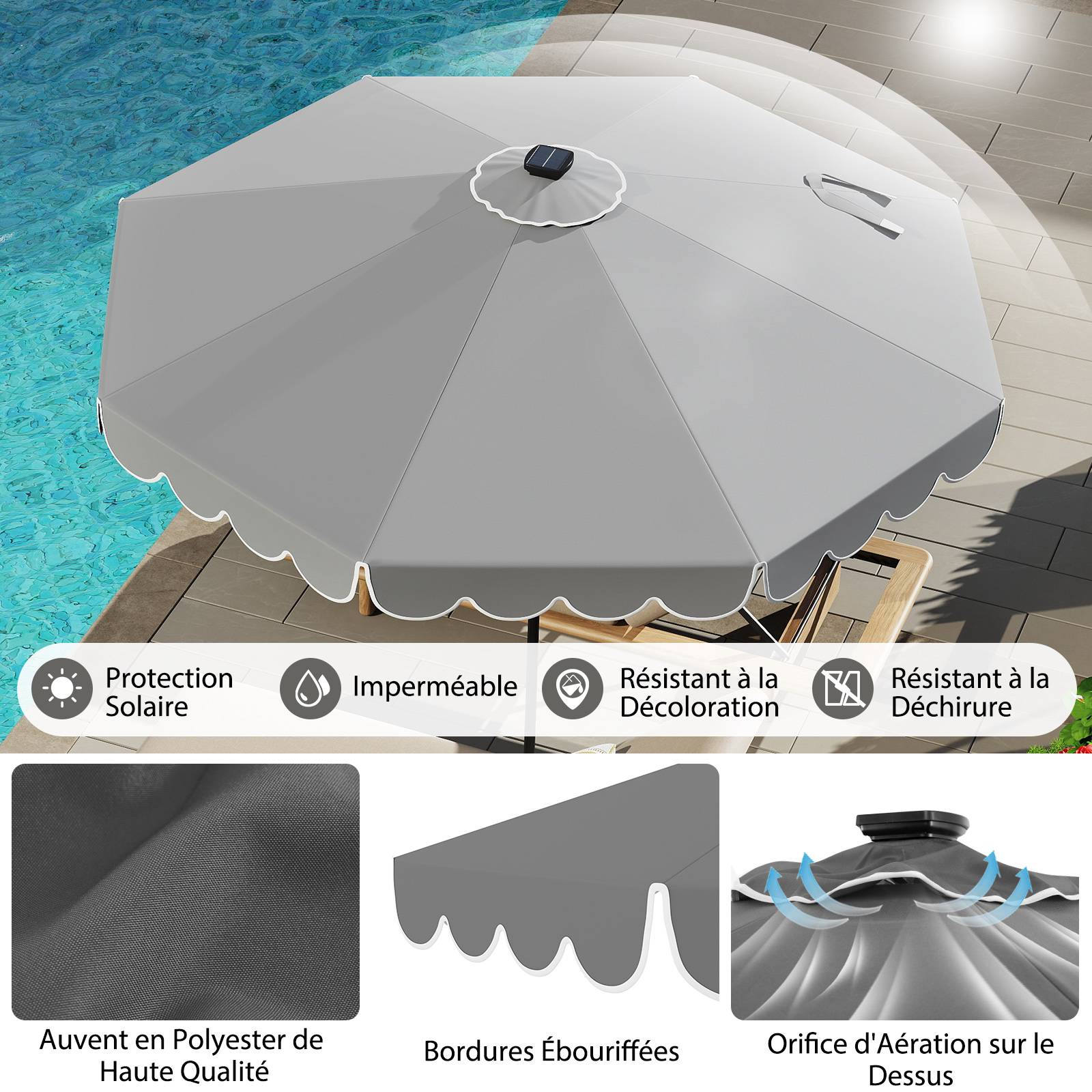 Costway - Parasol de Patio de 3 M avec 24 Lumières LED, Réglage de l'Inclinaison, Manivelle Facile, 8 Nervures, Parasol en Polyester, Gris - Image 5