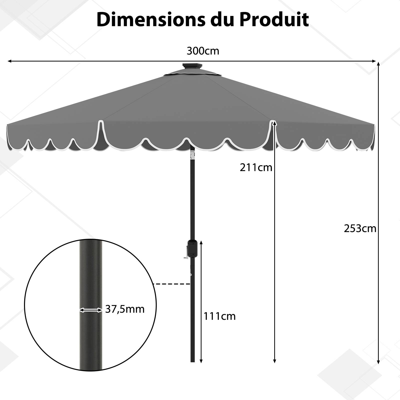 Costway - Parasol de Patio de 3 M avec 24 Lumières LED, Réglage de l'Inclinaison, Manivelle Facile, 8 Nervures, Parasol en Polyester, Gris - Image 3