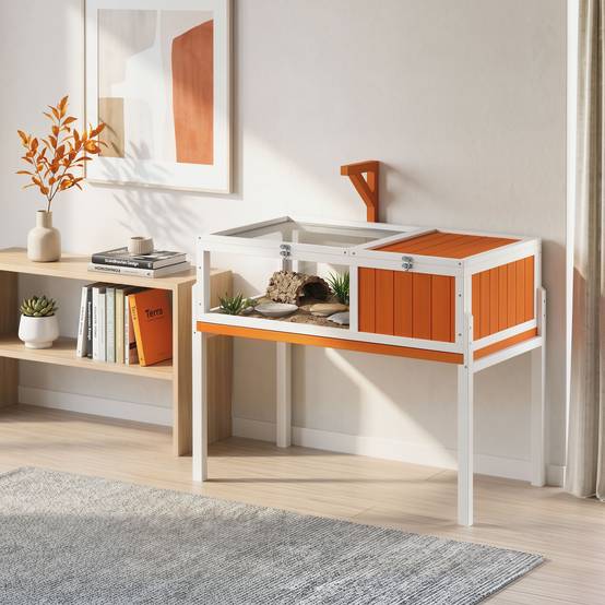 Maison pour tortues en bois avec maison principale, fenêtre, couvercle, 104x53x82 cm, blanc et orange - Image 10