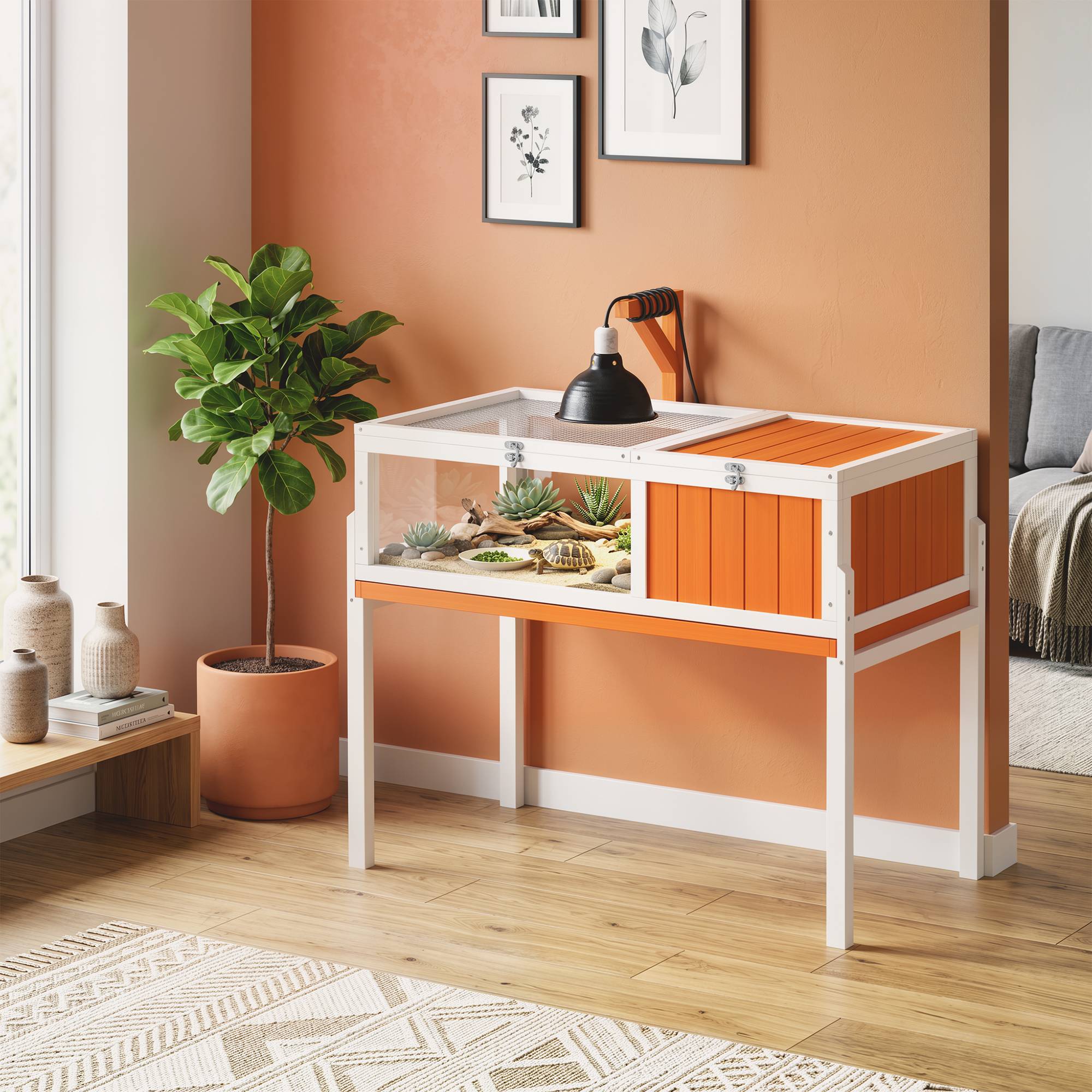 Maison pour tortues en bois avec maison principale, fenêtre, couvercle, 104x53x82 cm, blanc et orange - Image 3