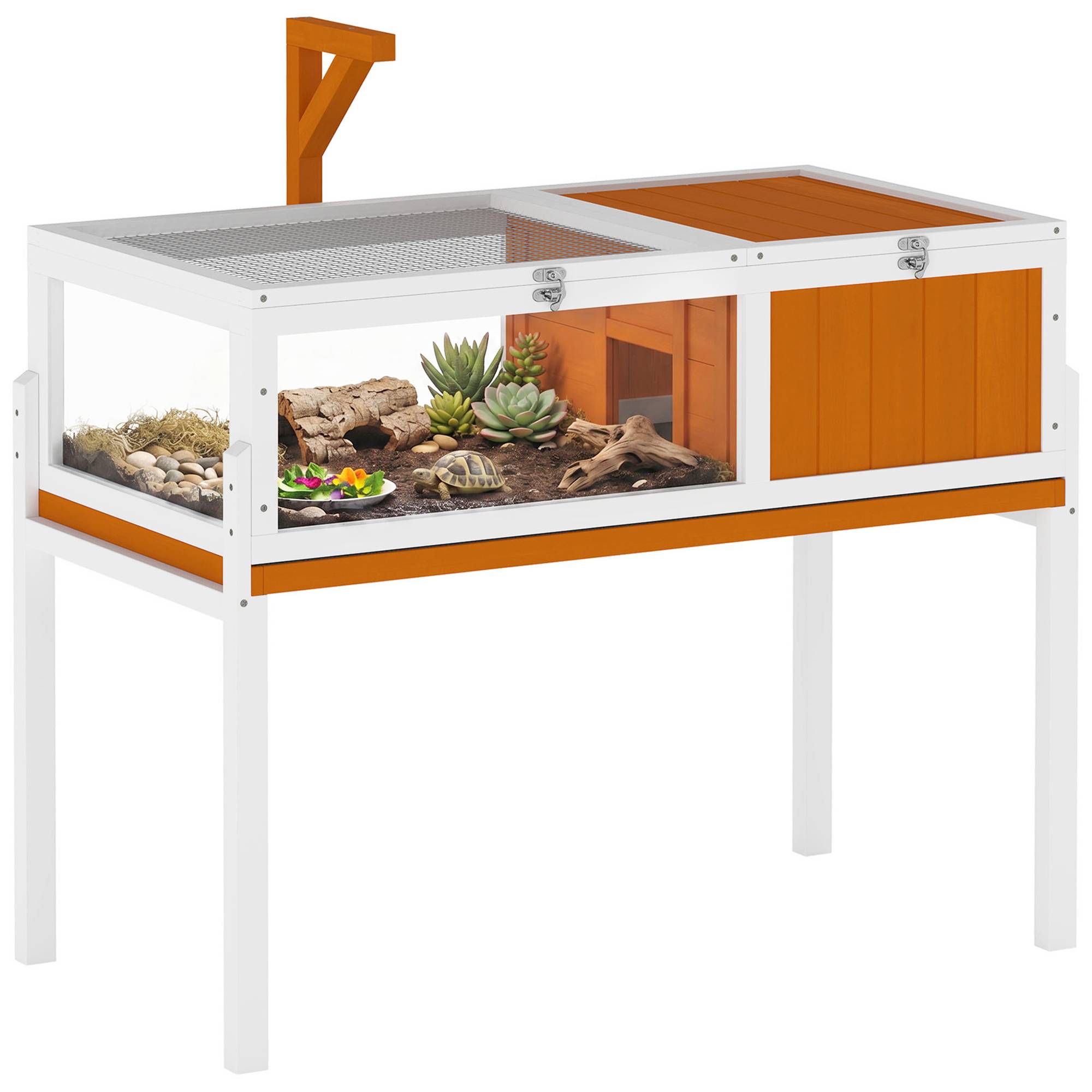 Maison pour tortues en bois avec maison principale, fenêtre, couvercle, 104x53x82 cm, blanc et orange