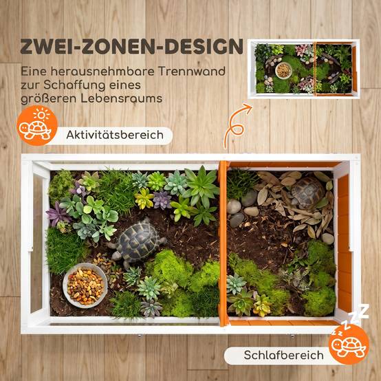 Maison pour tortues en bois avec maison principale, fenêtre, couvercle, 104x53x82 cm, blanc et orange - Image 6