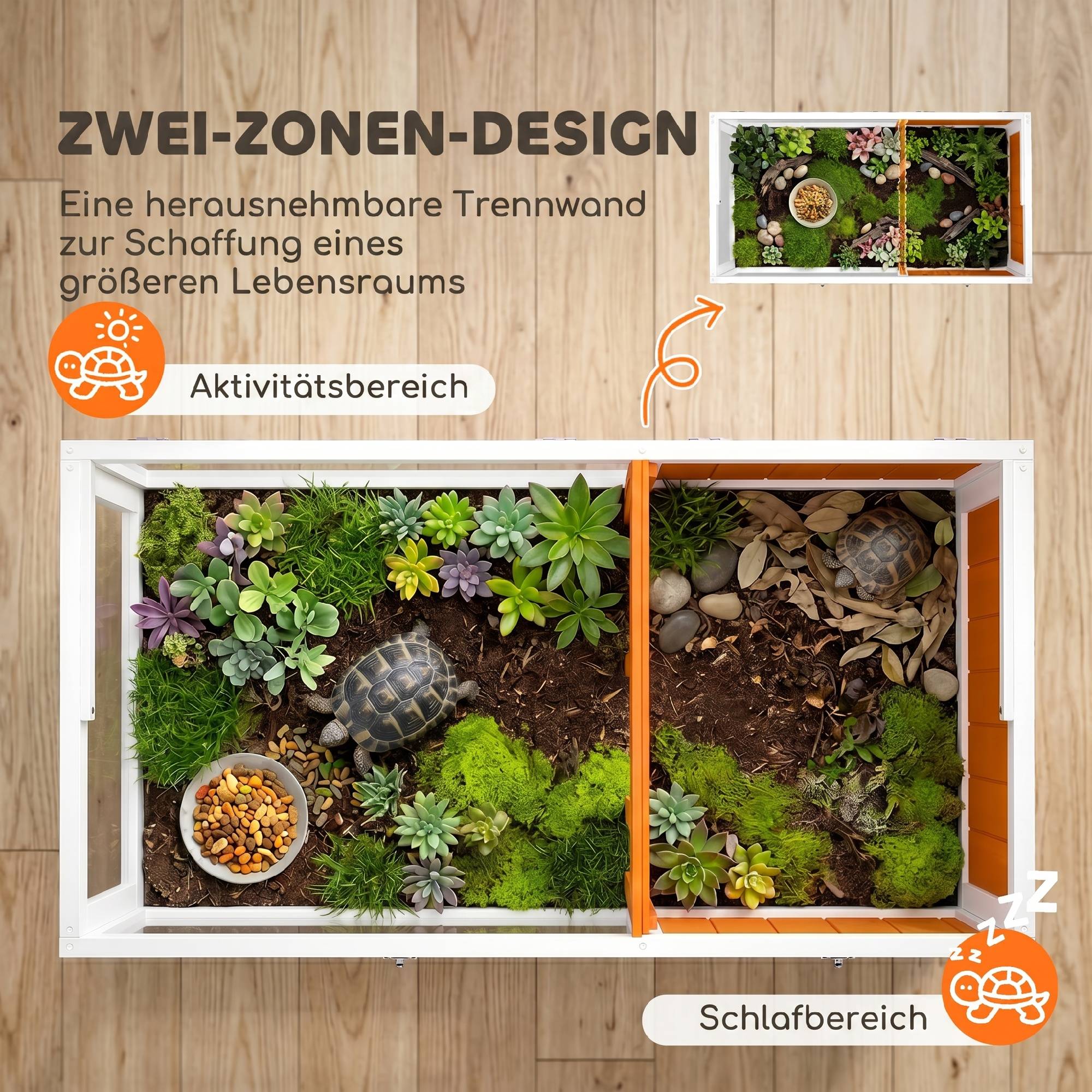 Maison pour tortues en bois avec maison principale, fenêtre, couvercle, 104x53x82 cm, blanc et orange - Image 6