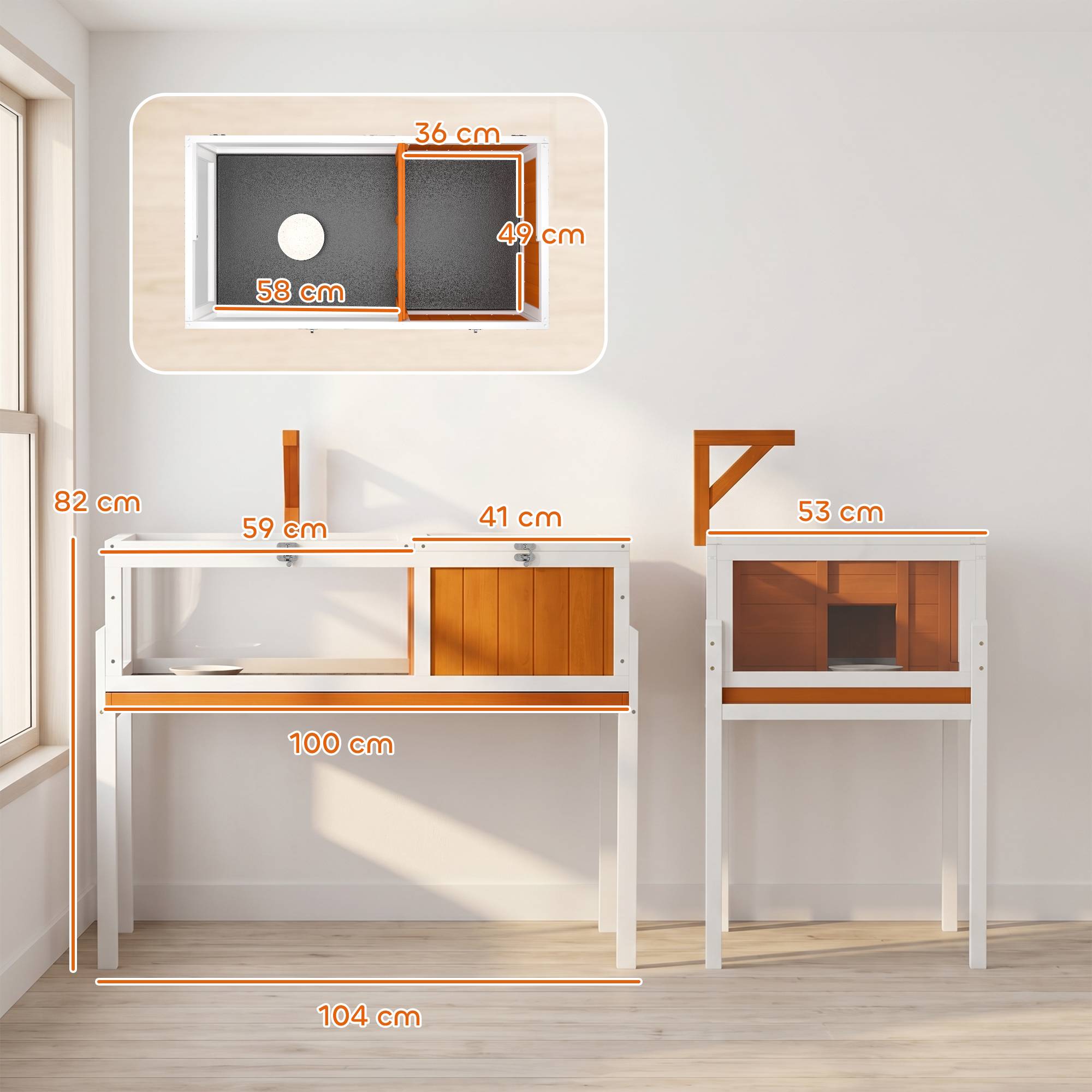 Maison pour tortues en bois avec maison principale, fenêtre, couvercle, 104x53x82 cm, blanc et orange - Image 5