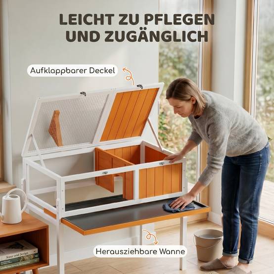 Maison pour tortues en bois avec maison principale, fenêtre, couvercle, 104x53x82 cm, blanc et orange - Image 7