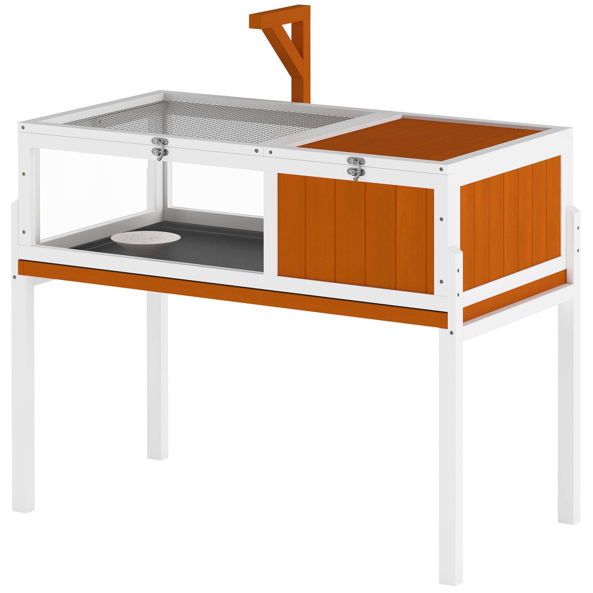 Maison pour tortues en bois avec maison principale, fenêtre, couvercle, 104x53x82 cm, blanc et orange - Image 2