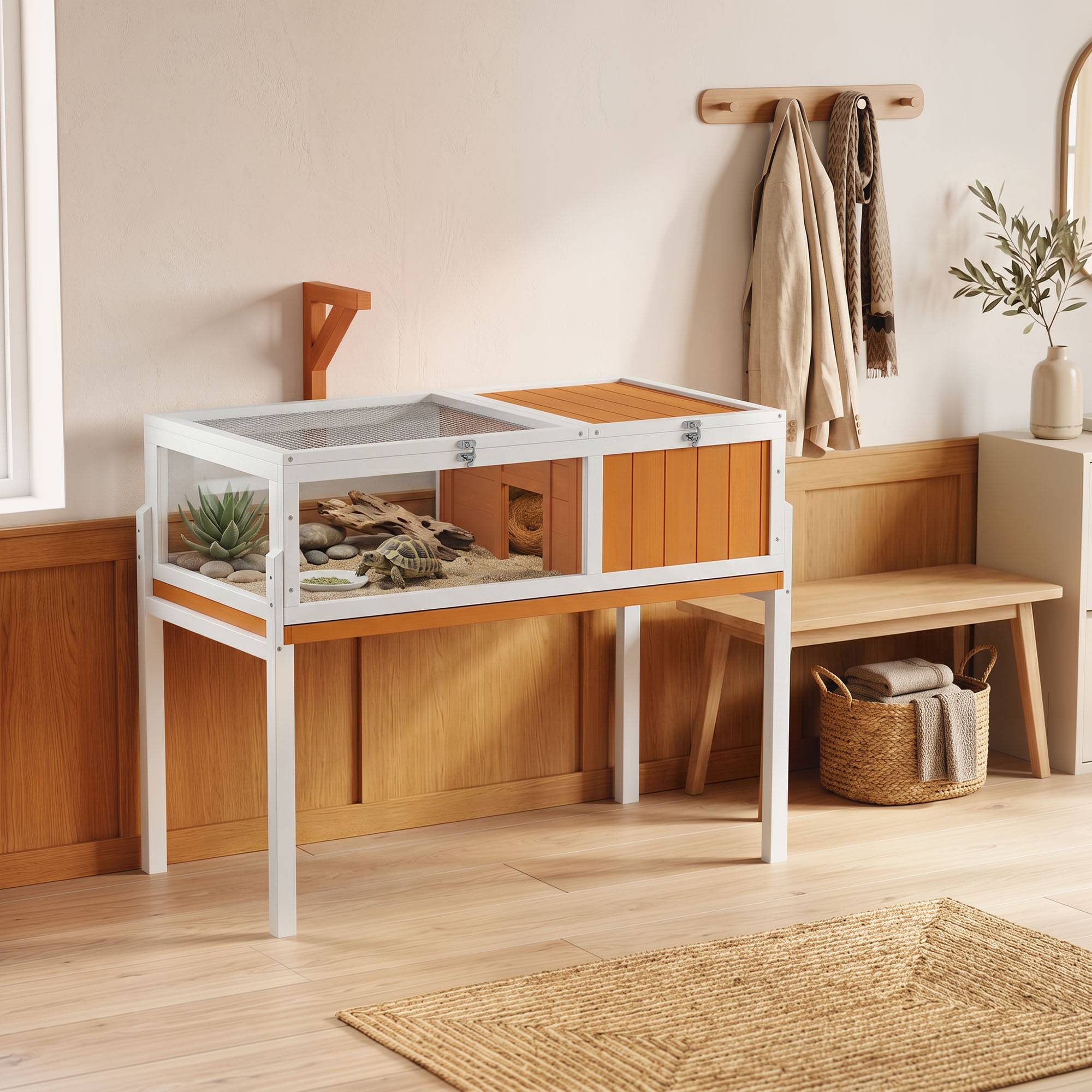Maison pour tortues en bois avec maison principale, fenêtre, couvercle, 104x53x82 cm, blanc et orange - Image 4