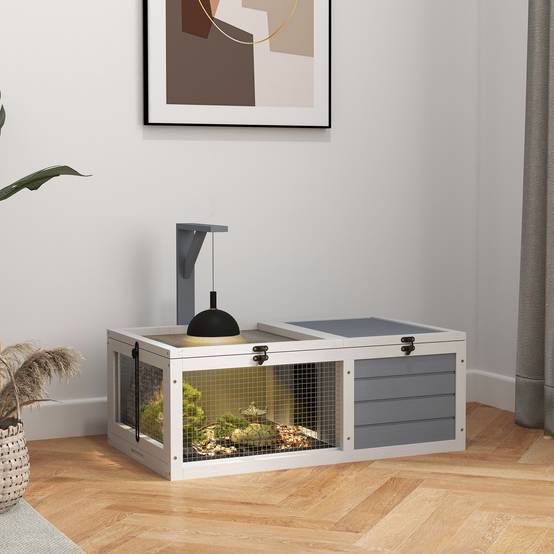 Maison enclos cage pour petit animal tortue avec 2 espaces support de lampe 81 x 48 x 31,5 cm gris - Image 3