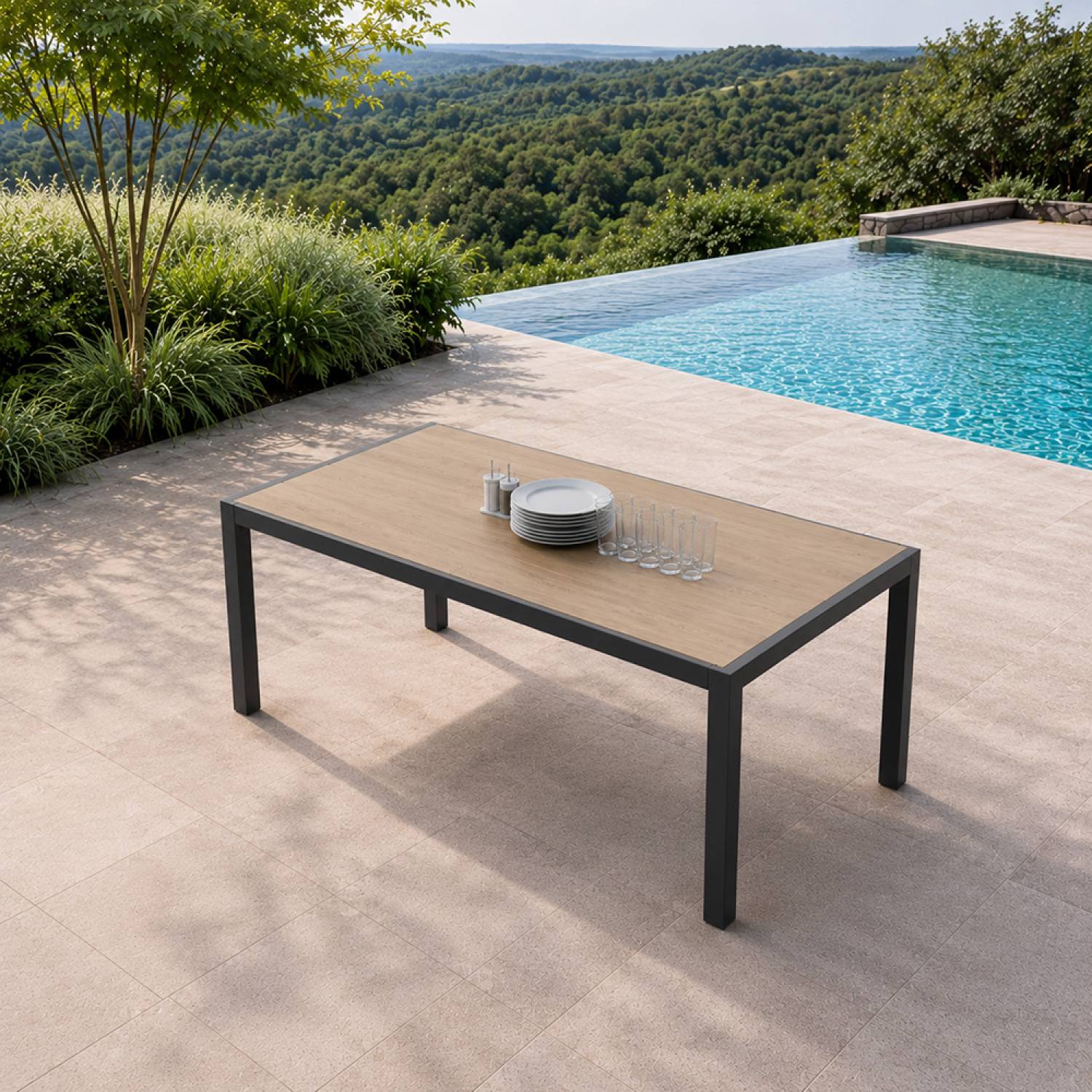 Table de jardin 200cm en aluminium et avec plateau en verre trempé effet bois LAGOS - Image 4