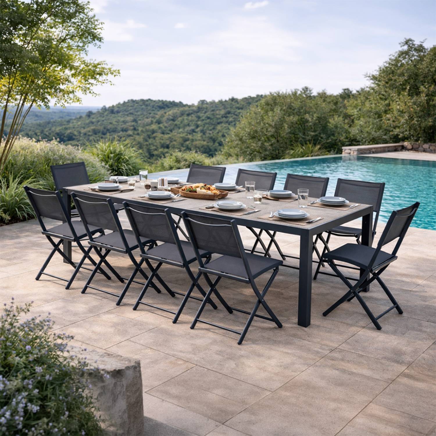 Table de jardin 200cm en aluminium et avec plateau en verre trempé effet bois LAGOS - Image 6