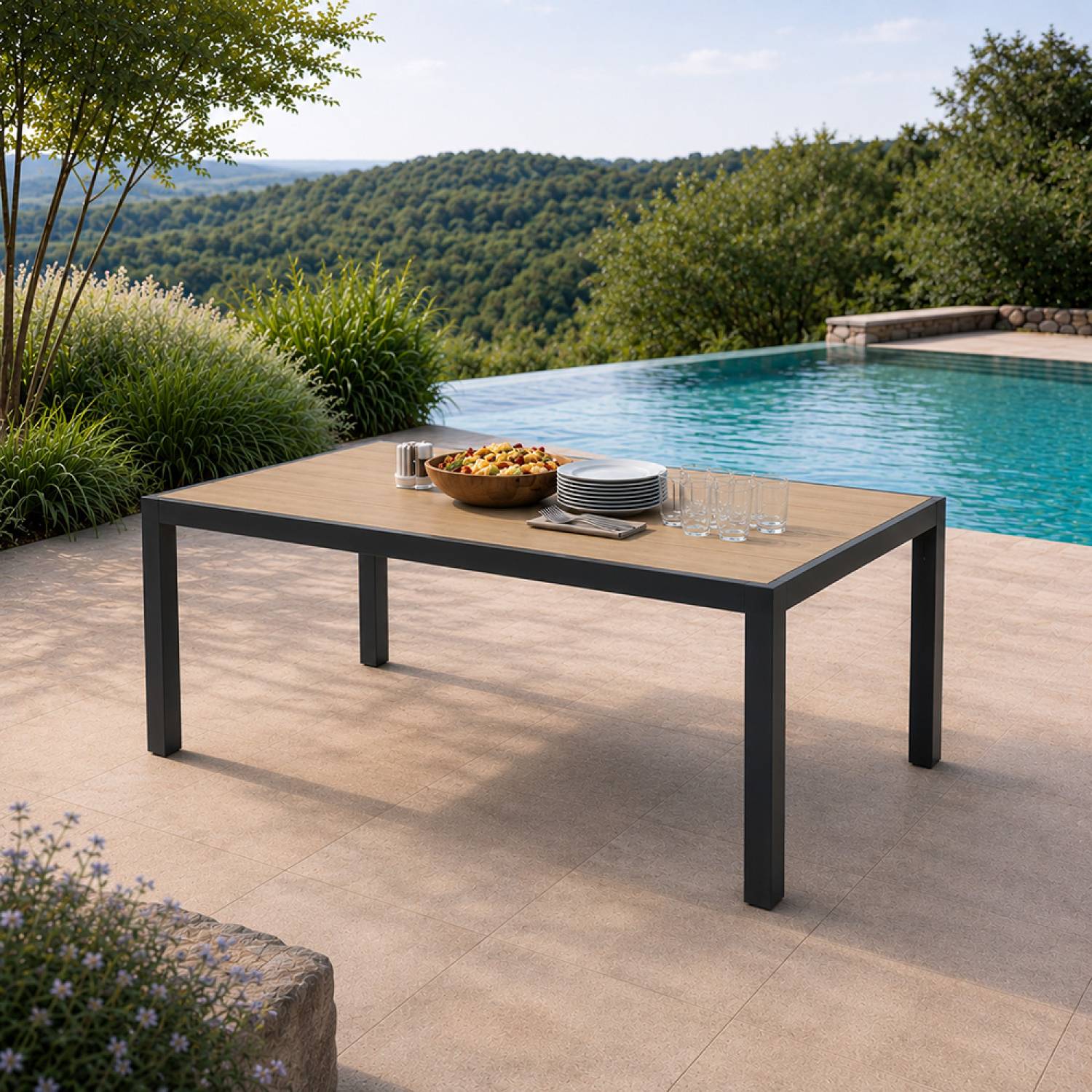 Table de jardin 200cm en aluminium et avec plateau en verre trempé effet bois LAGOS - Image 2