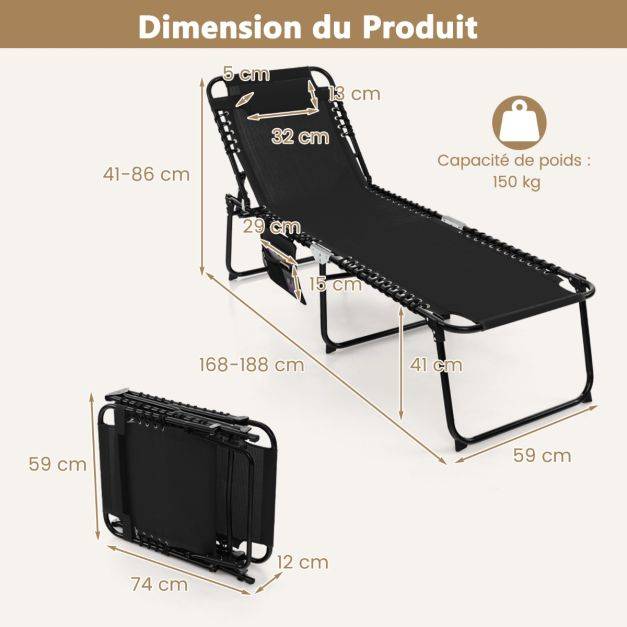 Helloshop26 - Chaise longue pliante avec appuie-tête amovible dossier réglable à 4 positions acier antirouille pour camping terrasse noir - Imagen 4
