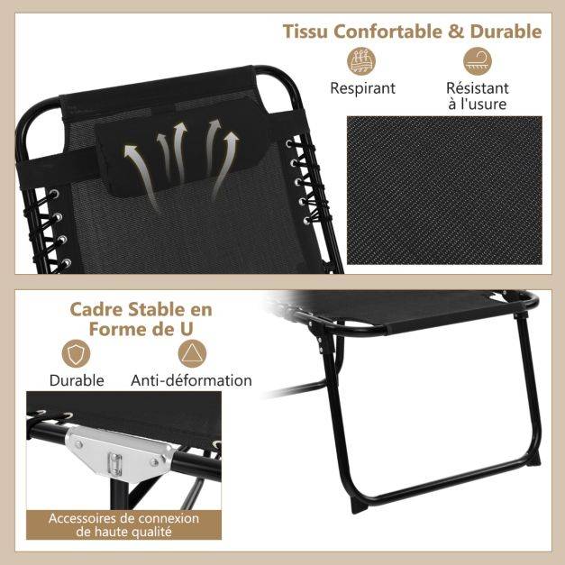 Helloshop26 - Chaise longue pliante avec appuie-tête amovible dossier réglable à 4 positions acier antirouille pour camping terrasse noir - Imagen 3