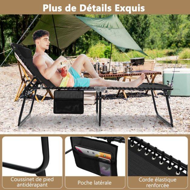 Helloshop26 - Chaise longue pliante avec appuie-tête amovible dossier réglable à 4 positions acier antirouille pour camping terrasse noir - Imagen 2