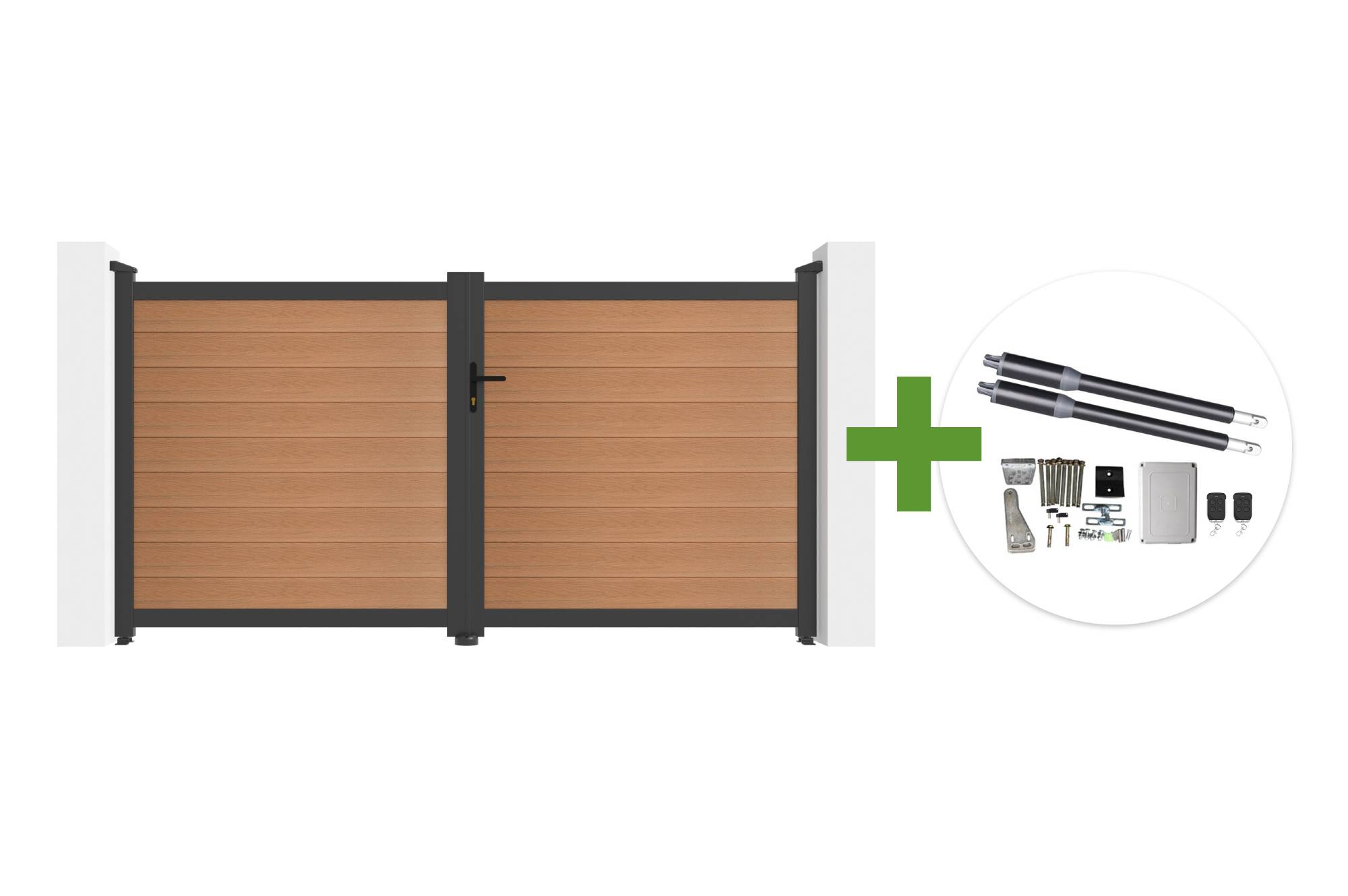 Casanoov Portail bois composite battant 3m ATHOS H.160cm teck avec cadre aluminium + motorisation RANGER B150 - Image 1