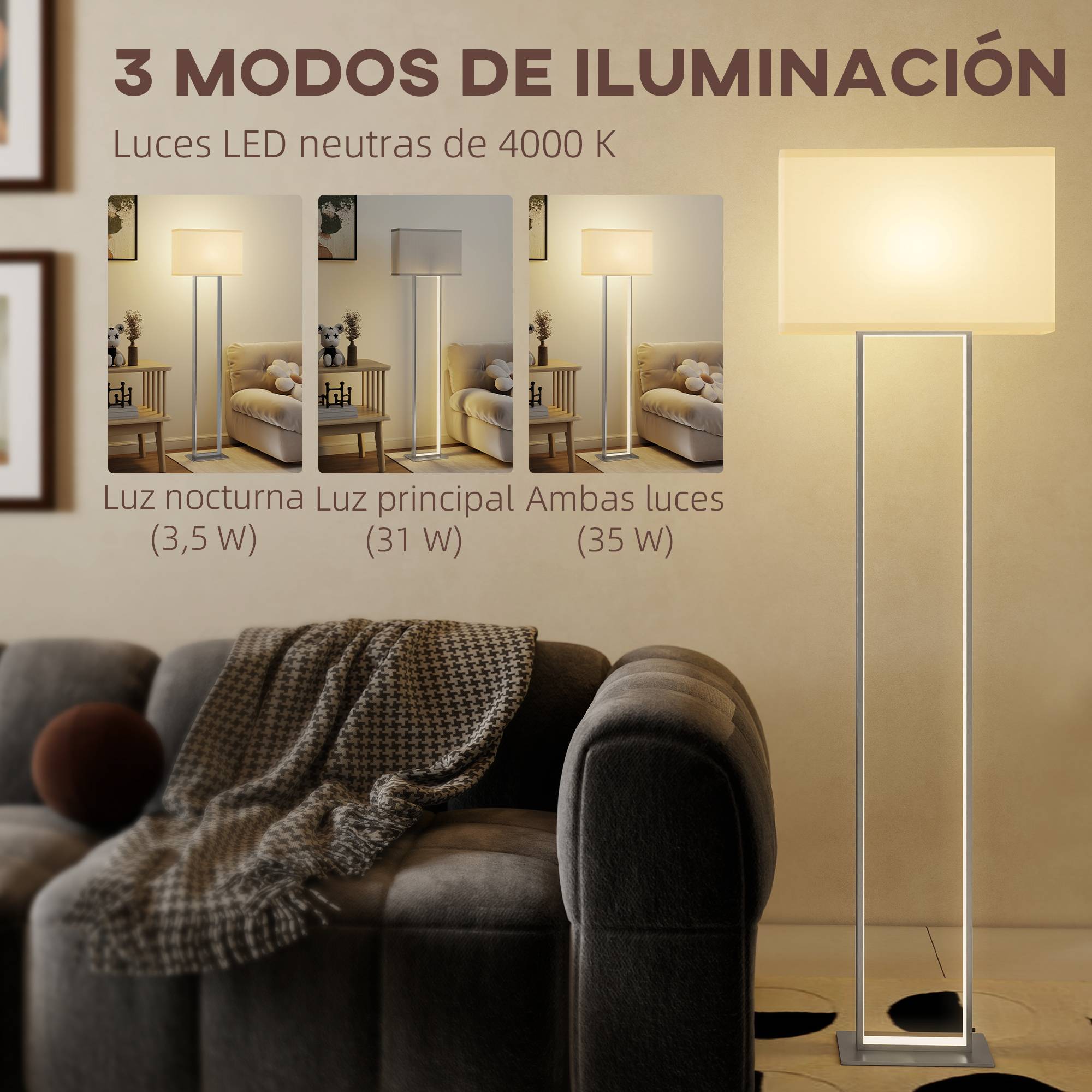 Lampadaire salon base métallique blanche 150 cm avec abat-jour tissu veilleuse et interrupteur au pied - Image 7