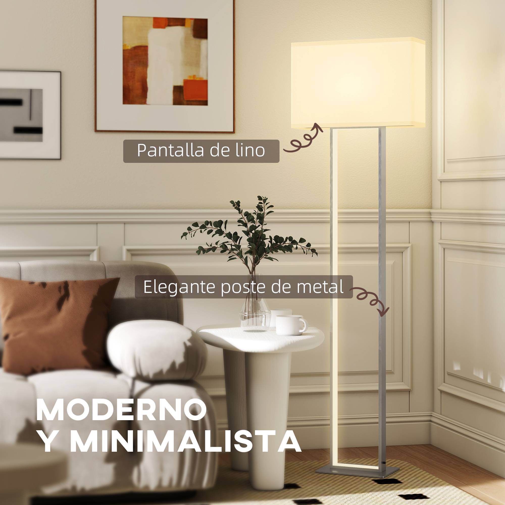 Lampadaire salon base métallique blanche 150 cm avec abat-jour tissu veilleuse et interrupteur au pied - Image 6