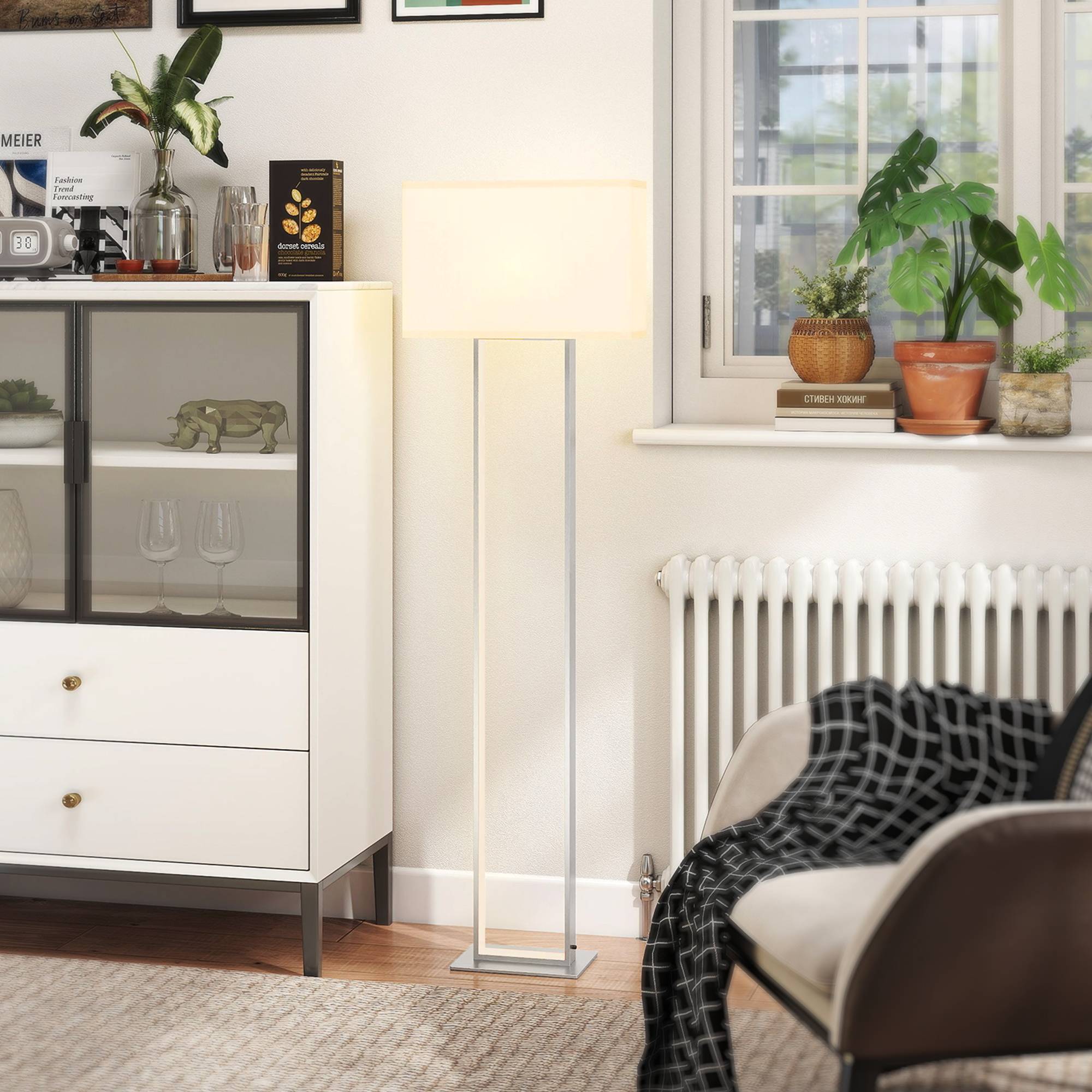 Lampadaire salon base métallique blanche 150 cm avec abat-jour tissu veilleuse et interrupteur au pied - Image 3