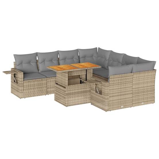 Salon de jardin 9 éléments beige résine tressée avec table bois transformable et rangements – ComfortXL Outdoor Living - Image 2