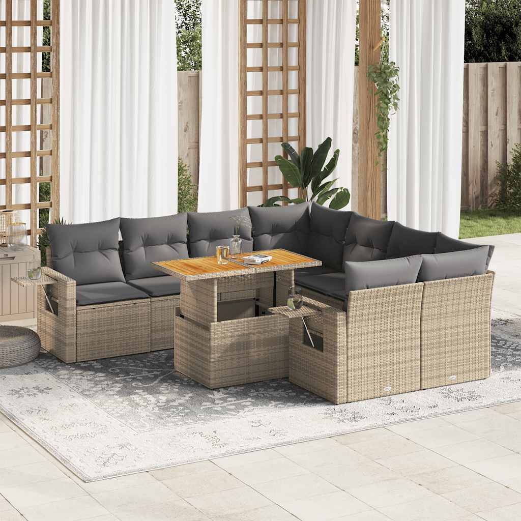 Salon de jardin 9 éléments beige résine tressée avec table bois transformable et rangements – ComfortXL Outdoor Living - Image 1