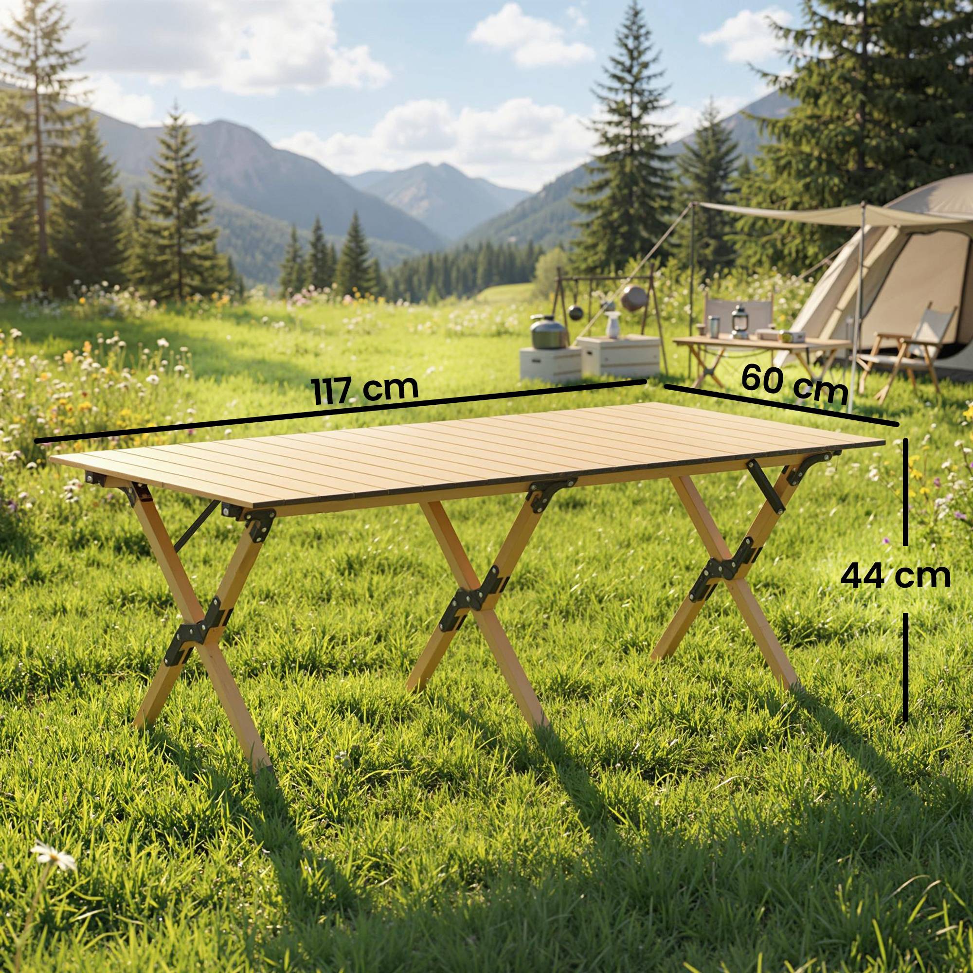 ComfortXL - Table camping pliante aluminium plateau enroulable aspect bois chêne extérieur 117x60x44 - ComfortXL Outdoor Living - Image 5